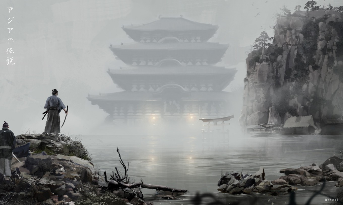 Samurai warriors stand on a rocky shore overlooking a misty temple. HD Wallpaper