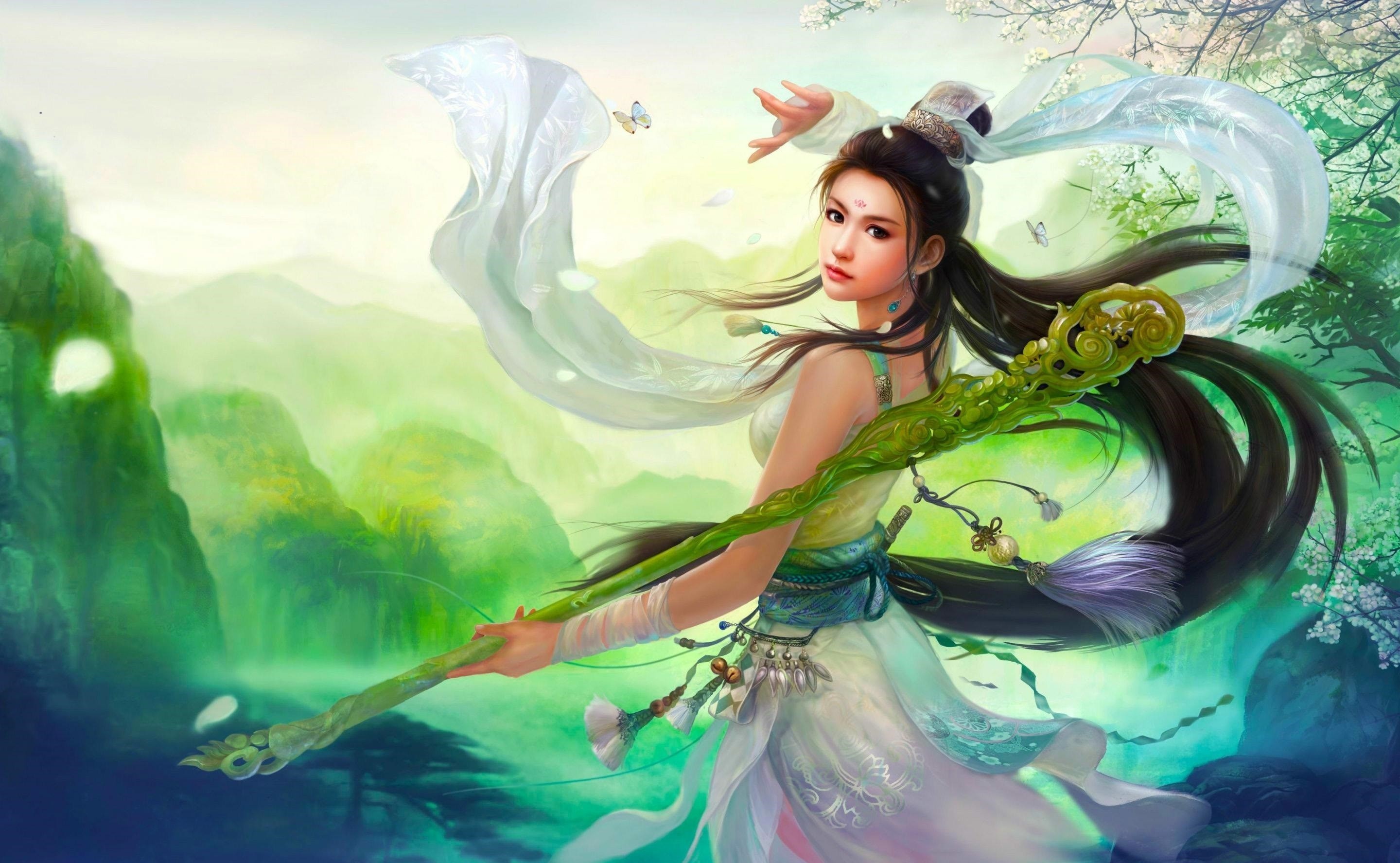 Fantasy art of a woman with a staff HD Wallpaper