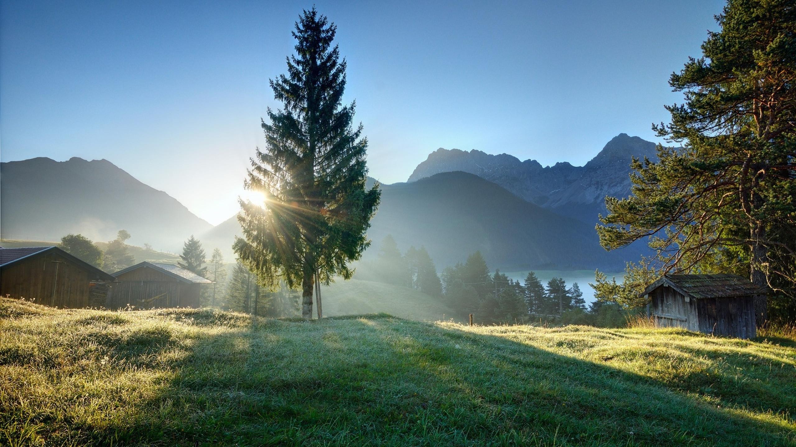 Sunrise over a mountain lake with trees and cabins HD Wallpaper
