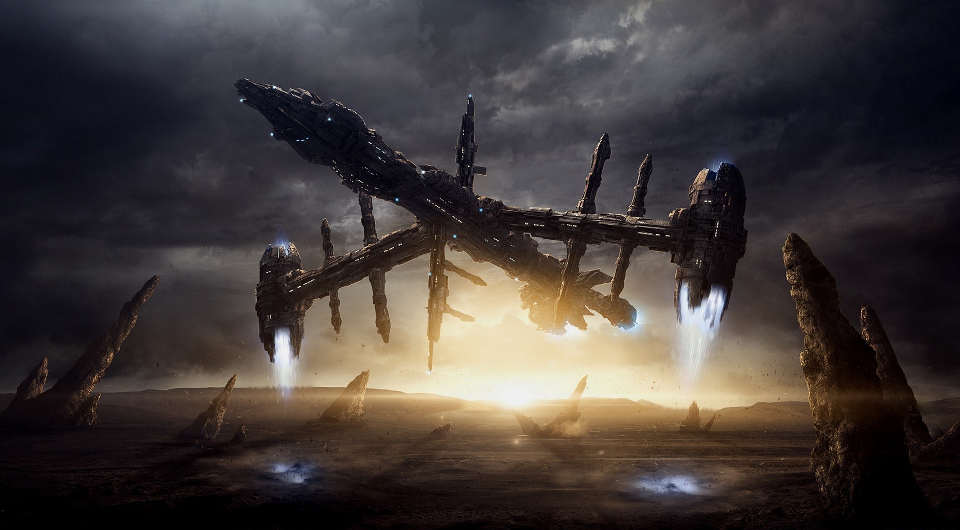 Alien spaceship hovering over a desolate landscape HD Wallpaper