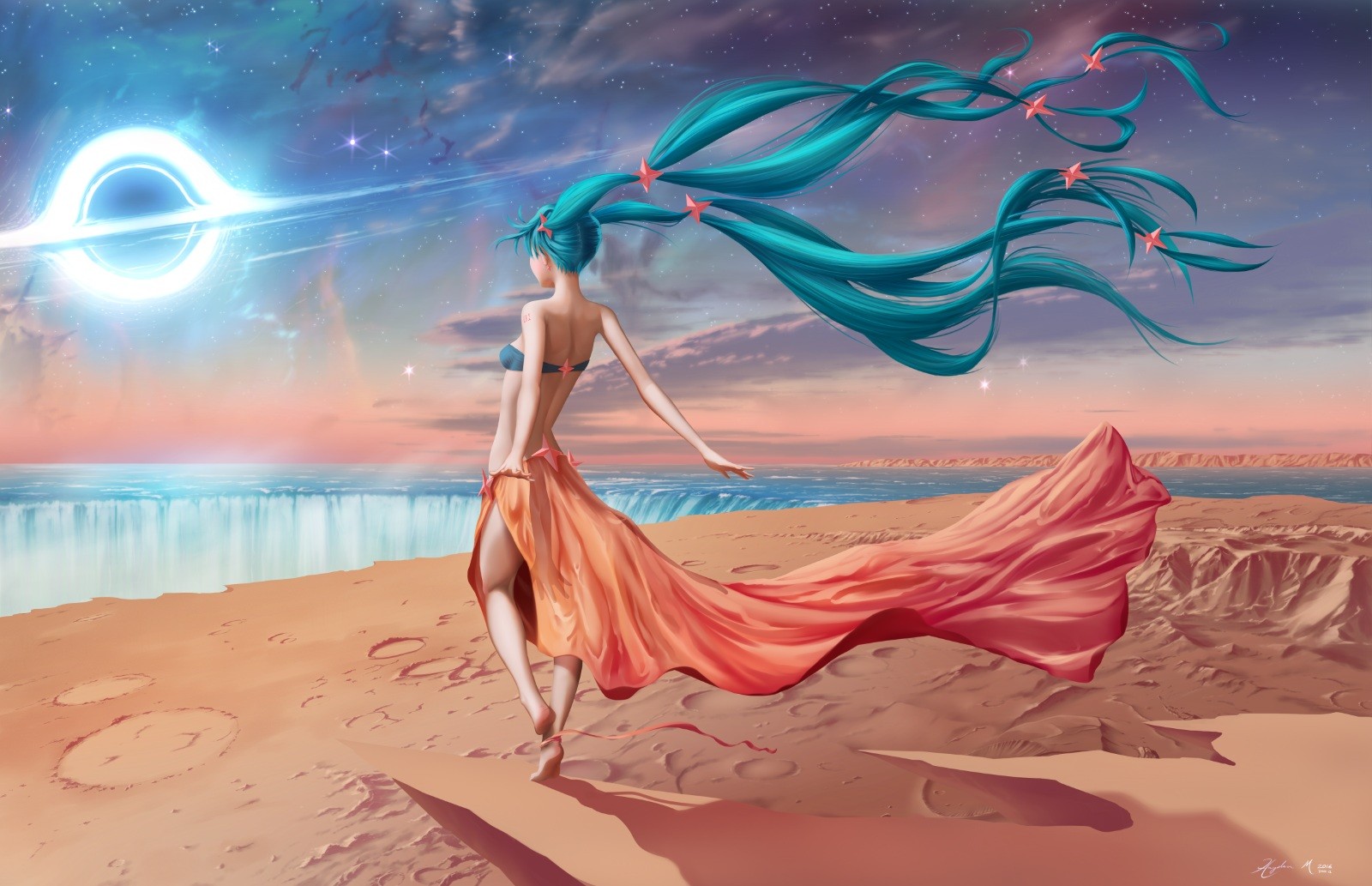 Hatsune Miku on a desert planet with a black hole HD Wallpaper