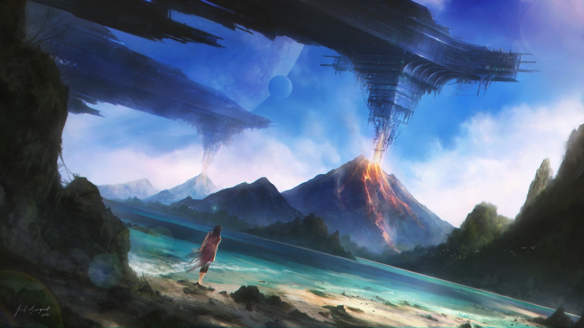 Spaceships over volcanoes with a woman on the shore HD Wallpaper