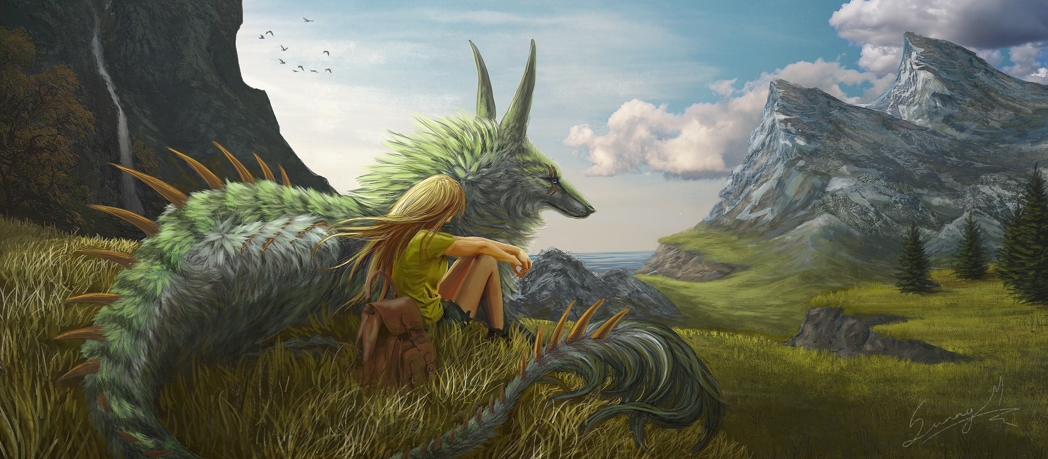 Girl and green dragon in a grassy mountain landscape HD Wallpaper