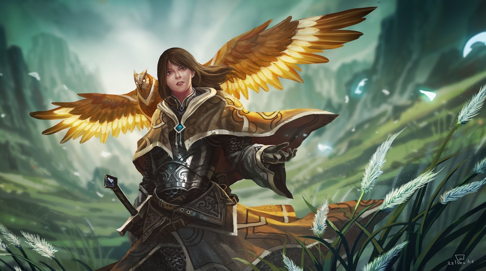 Fantasy art of a woman with wings and an owl HD Wallpaper