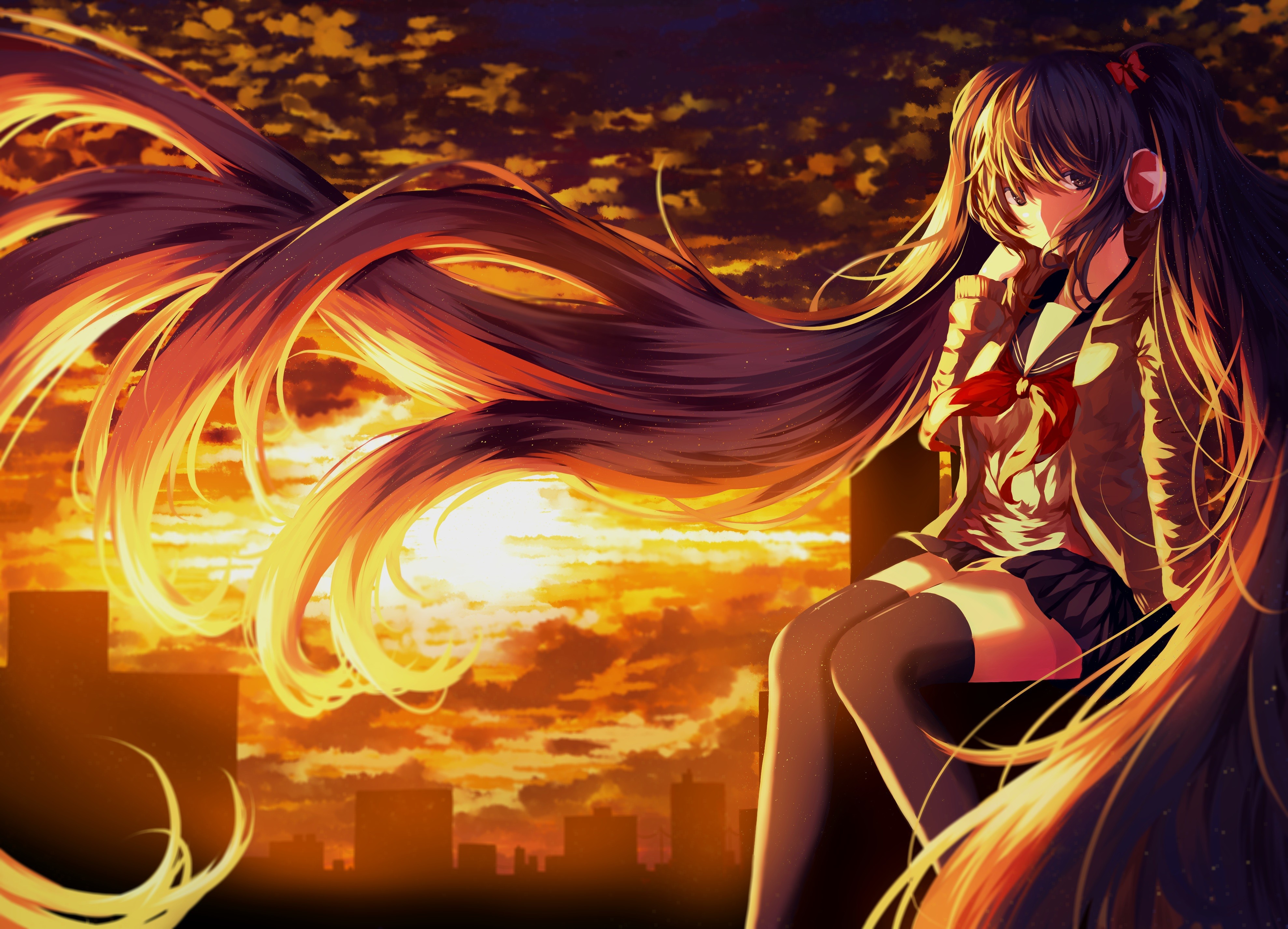 Anime girl with twintails and headphones at sunset HD Wallpaper