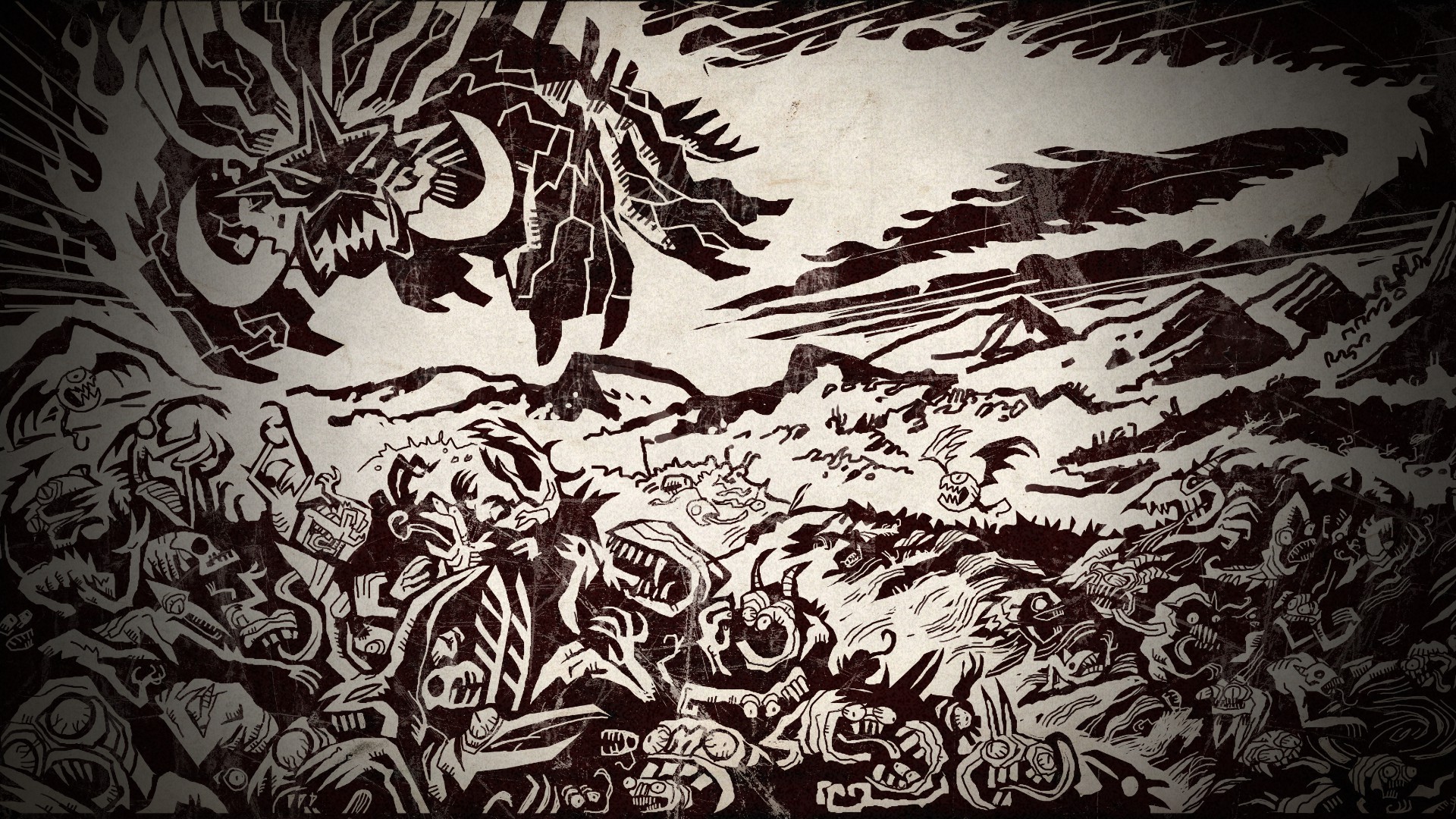 Brutal Legend monochrome drawing of a monster and army HD Wallpaper