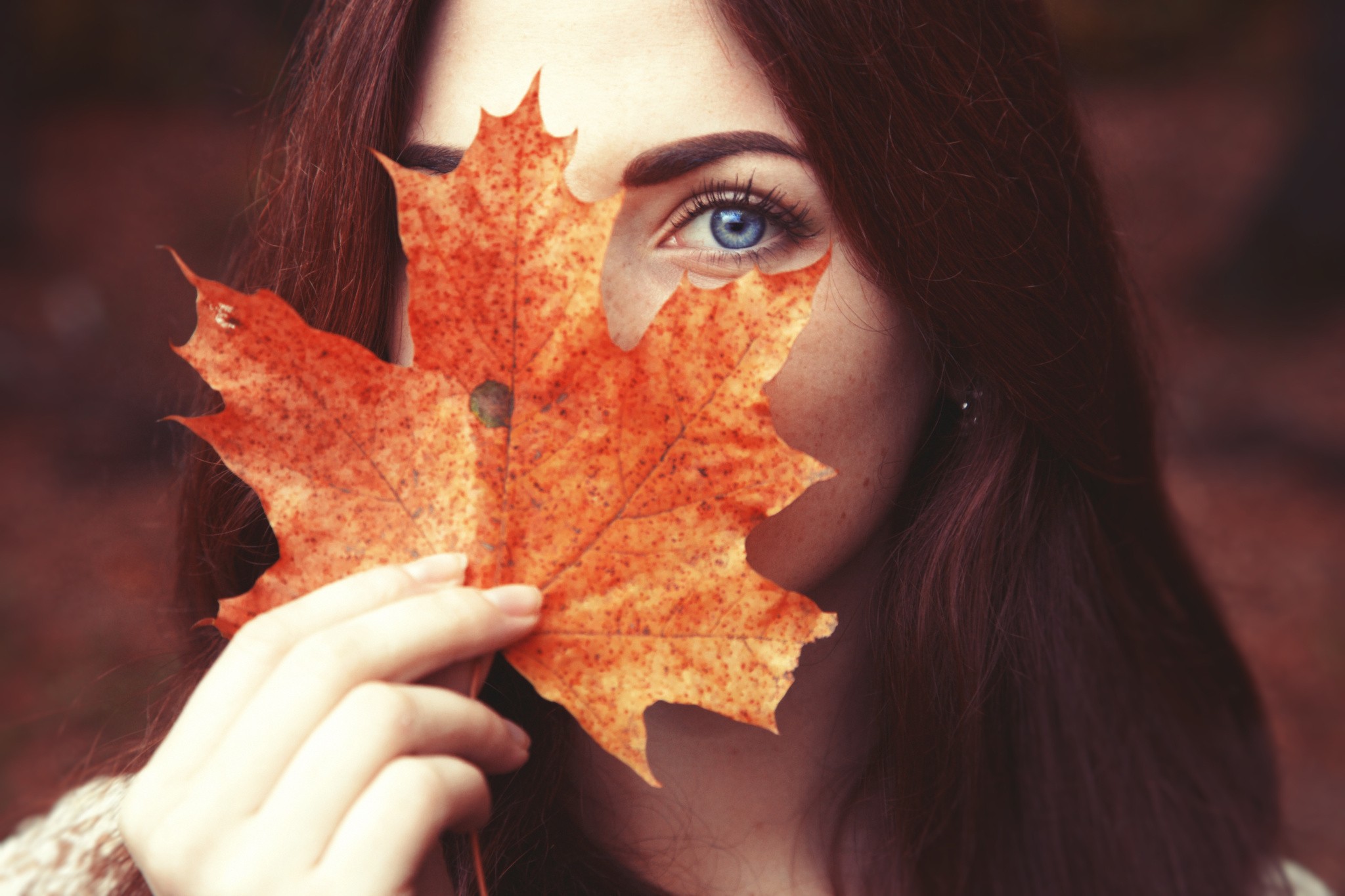 Woman with blue eyes holding an autumn leaf HD Wallpaper