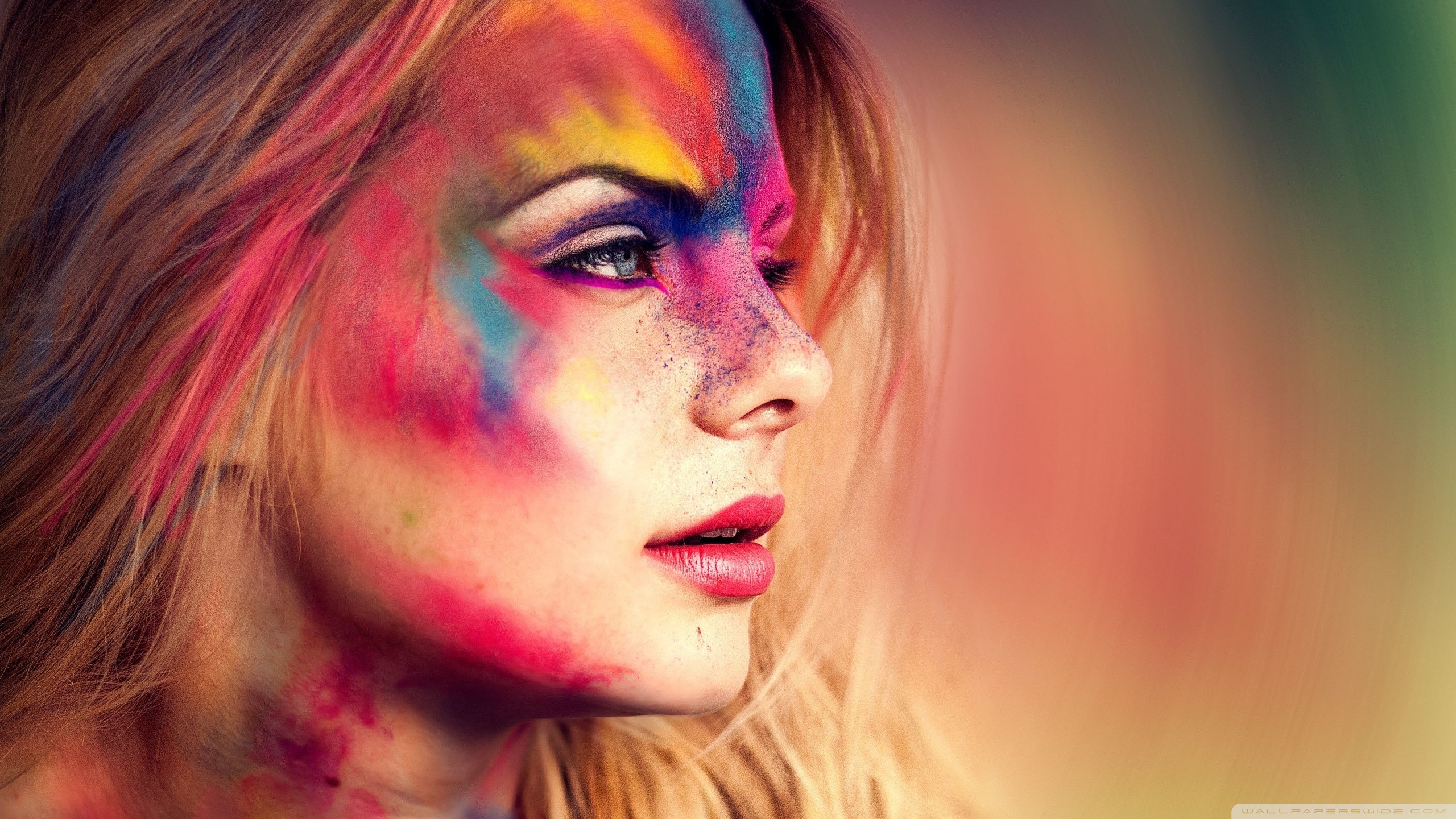 Woman with colorful powder on her face and hair HD Wallpaper