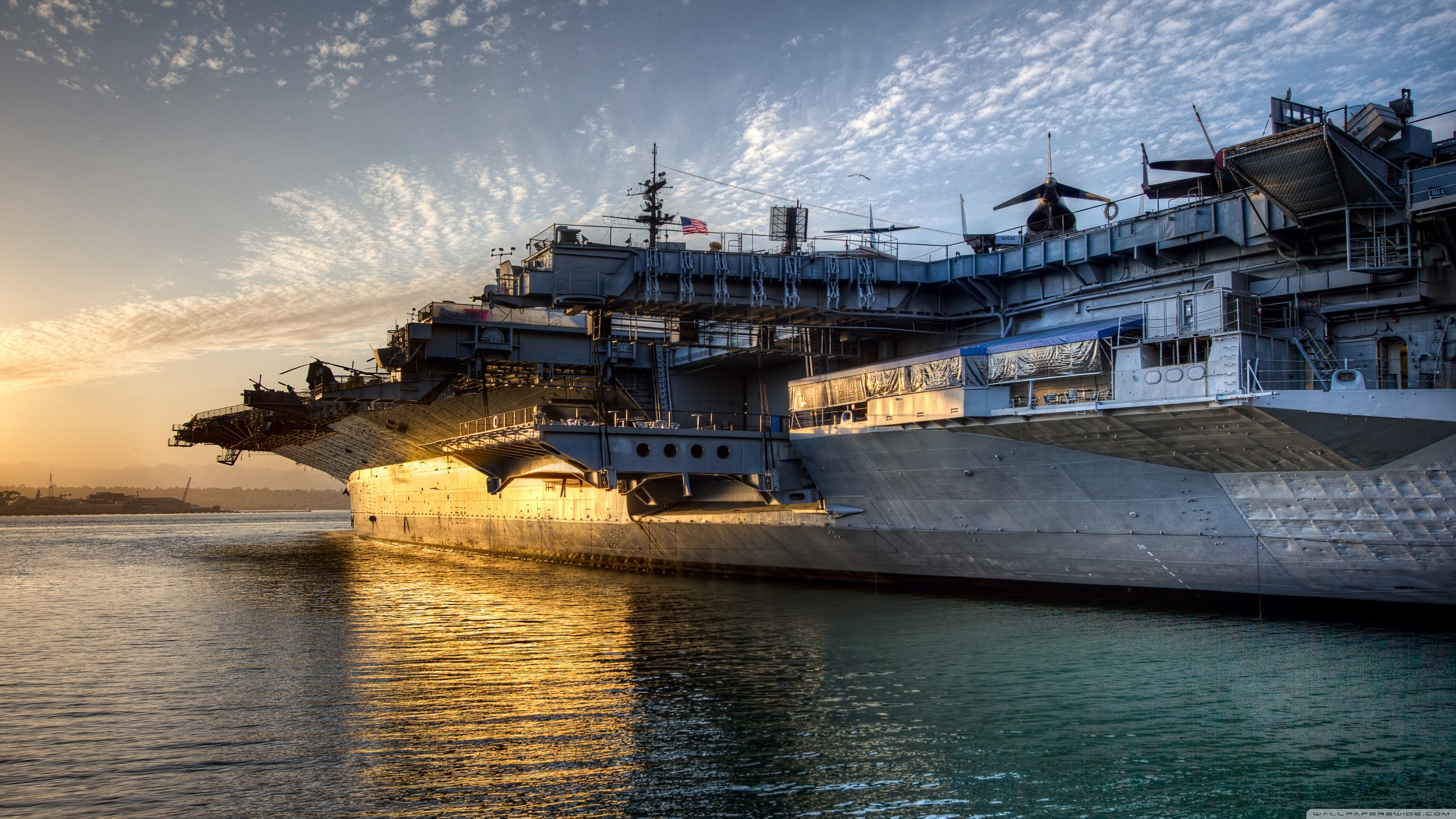 USS Midway aircraft carrier at sunset HD Wallpaper