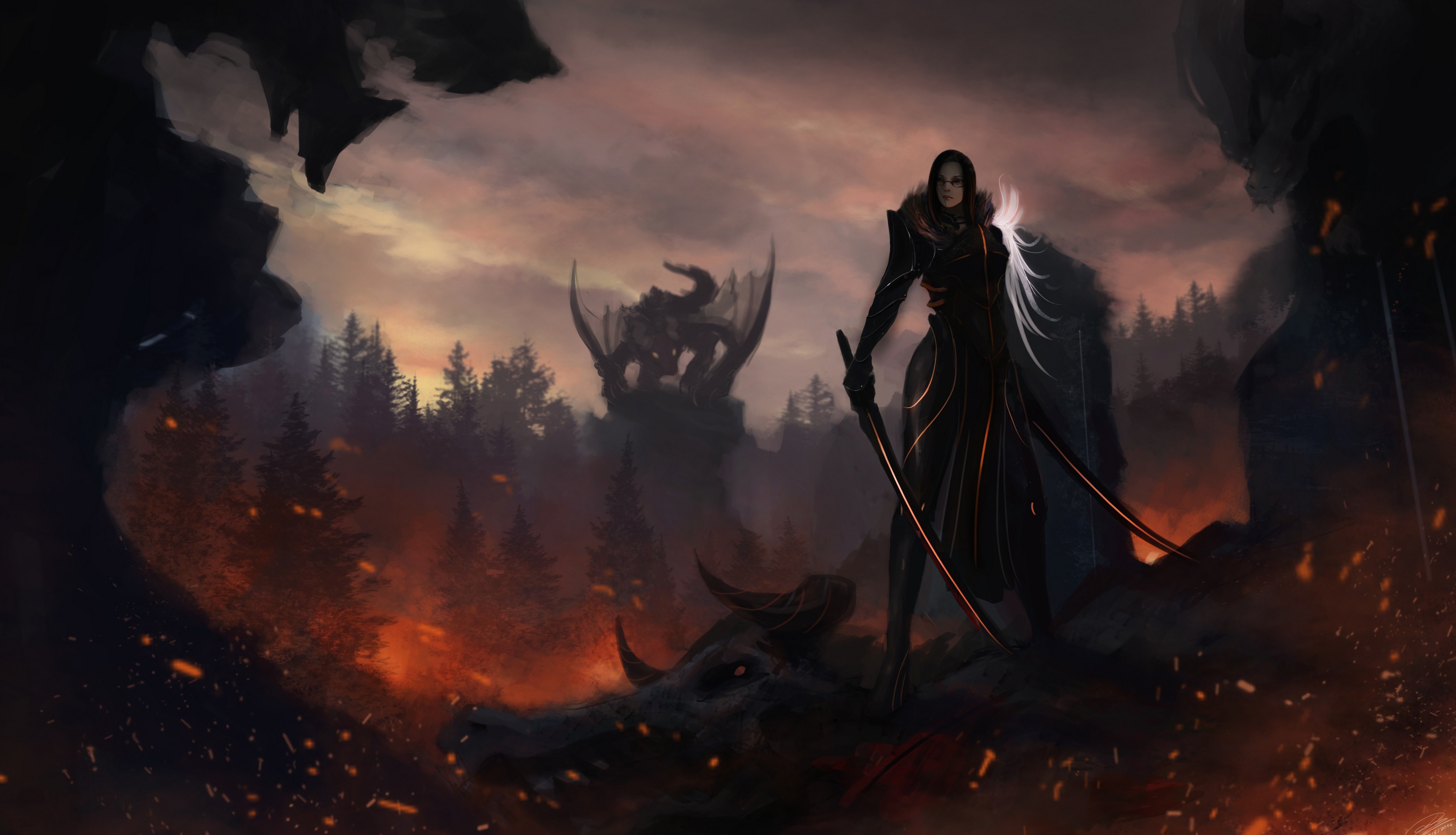 Fantasy warrior standing over a dragon's skull HD Wallpaper