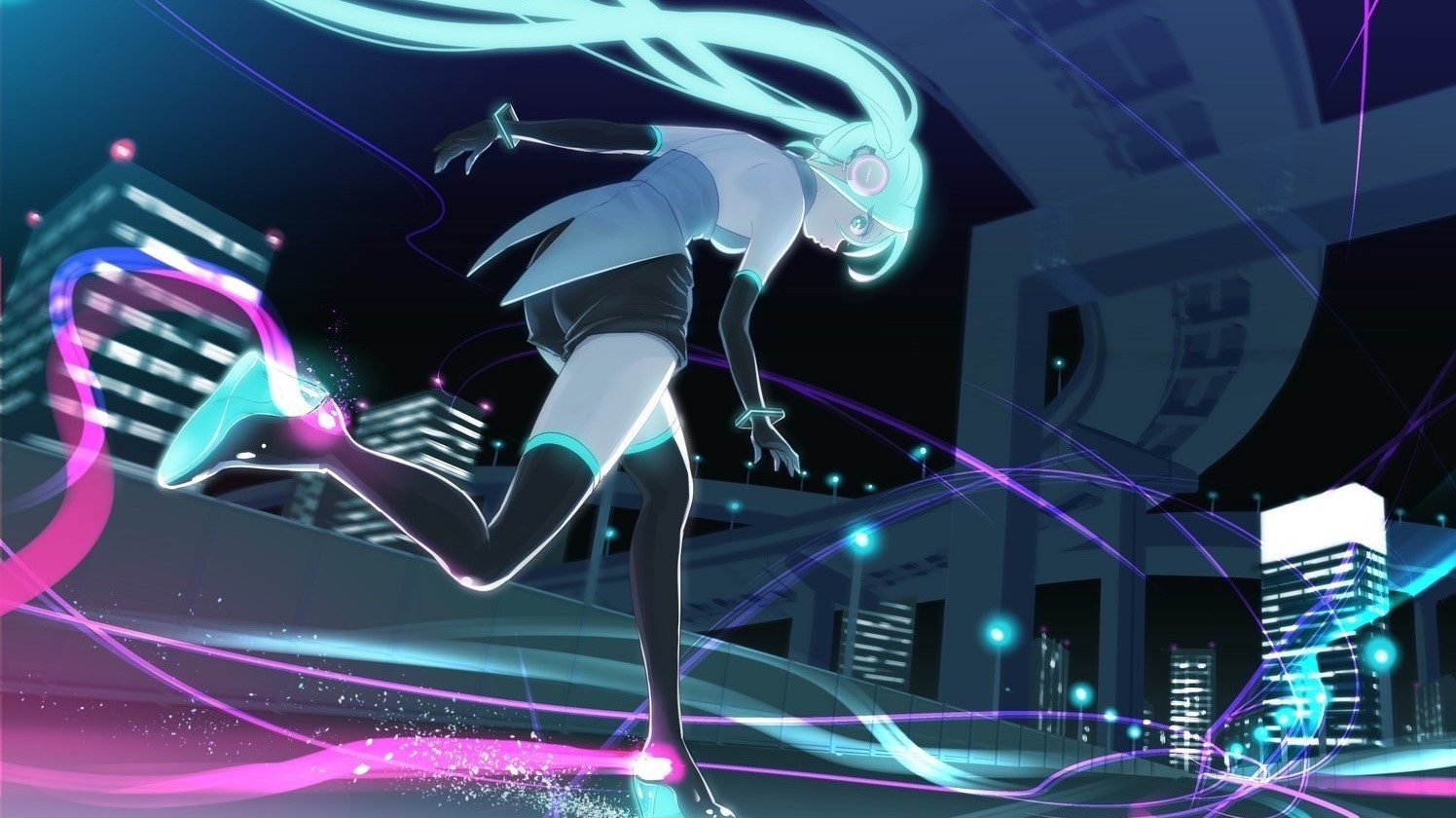 Hatsune Miku running through a futuristic city at night HD Wallpaper