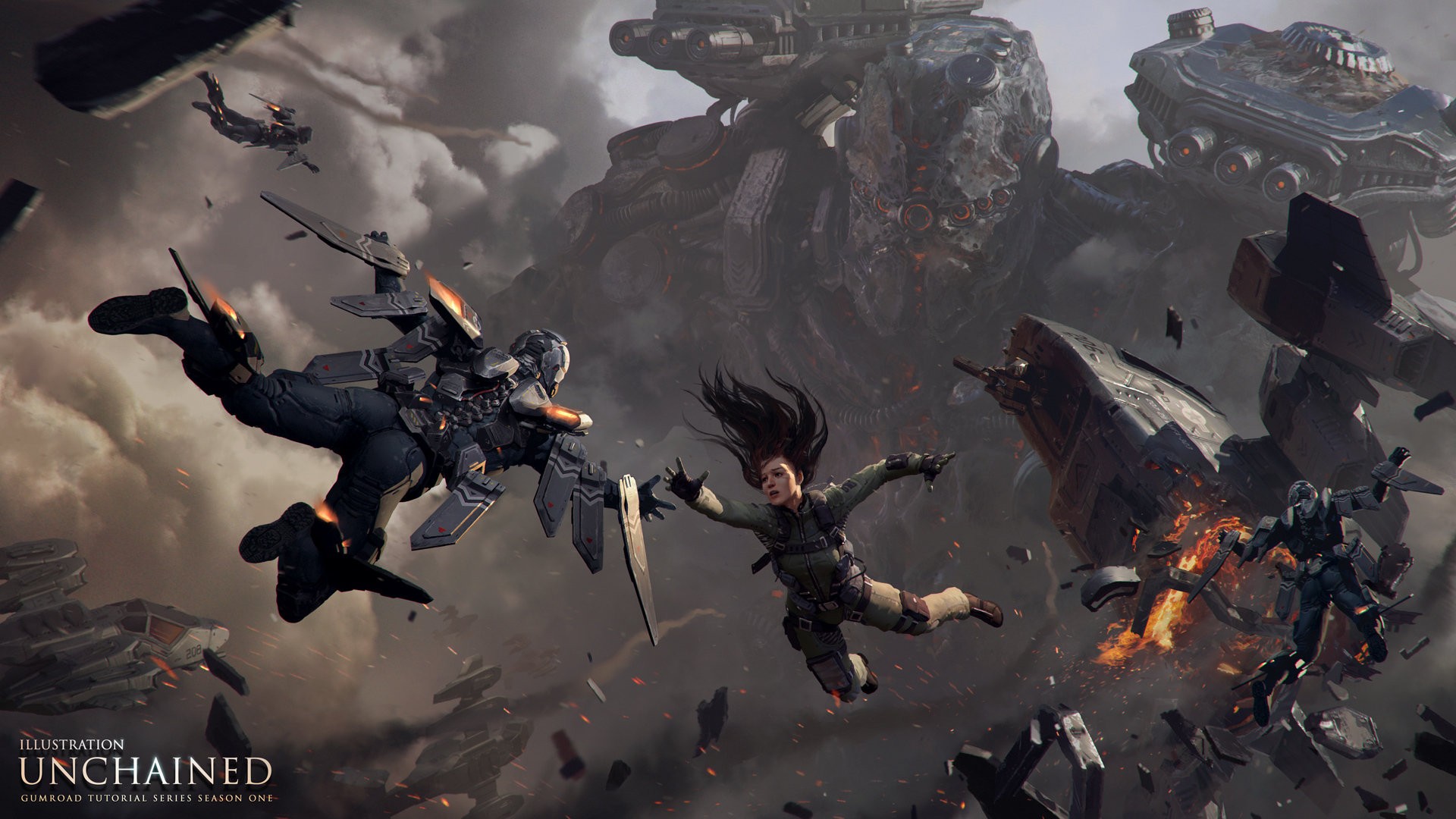 Science fiction battle with mechs and a woman HD Wallpaper