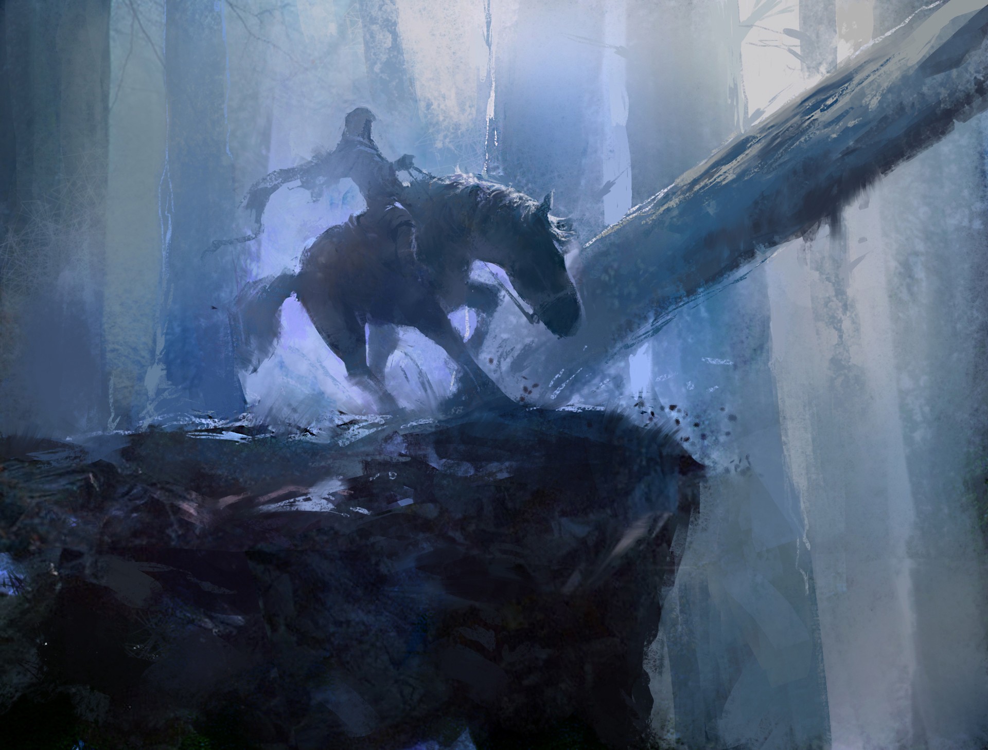 Fantasy art of a rider on a horse in a forest HD Wallpaper