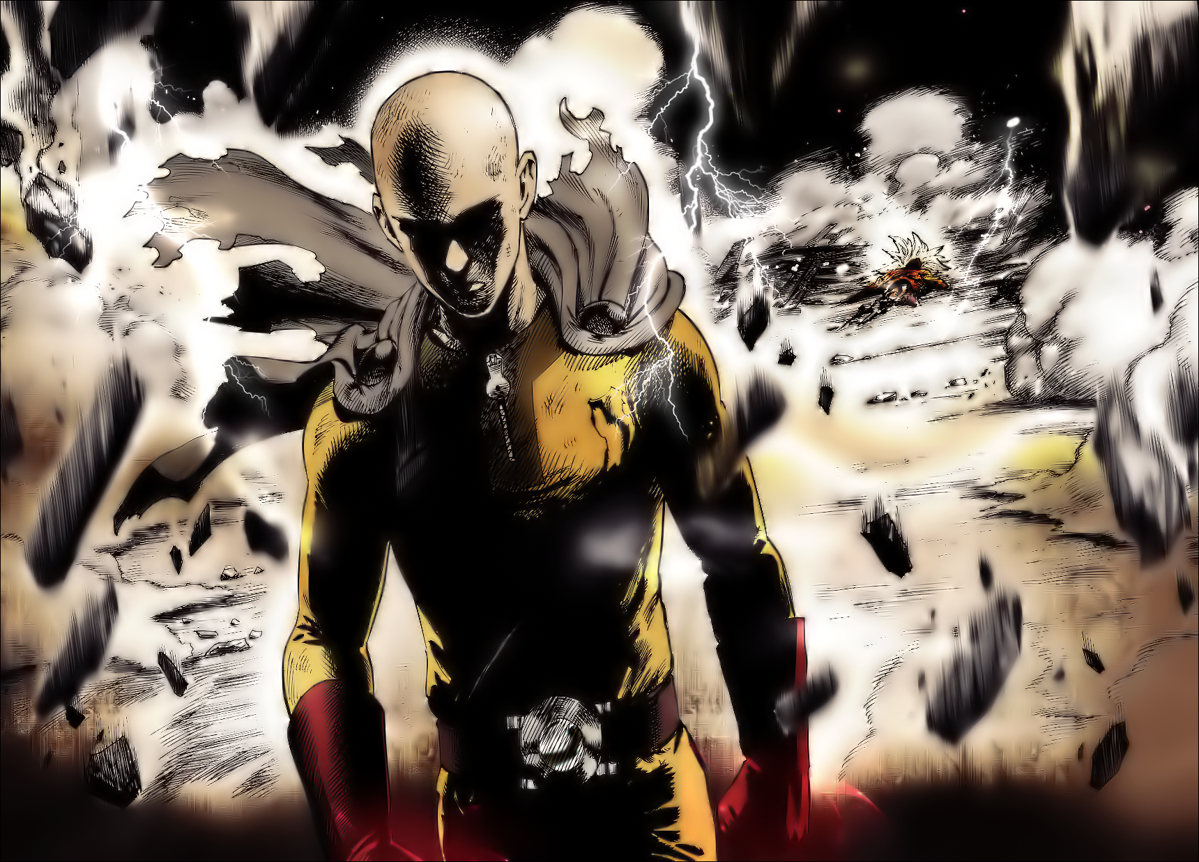 Saitama from One-Punch Man in a destructive scene HD Wallpaper