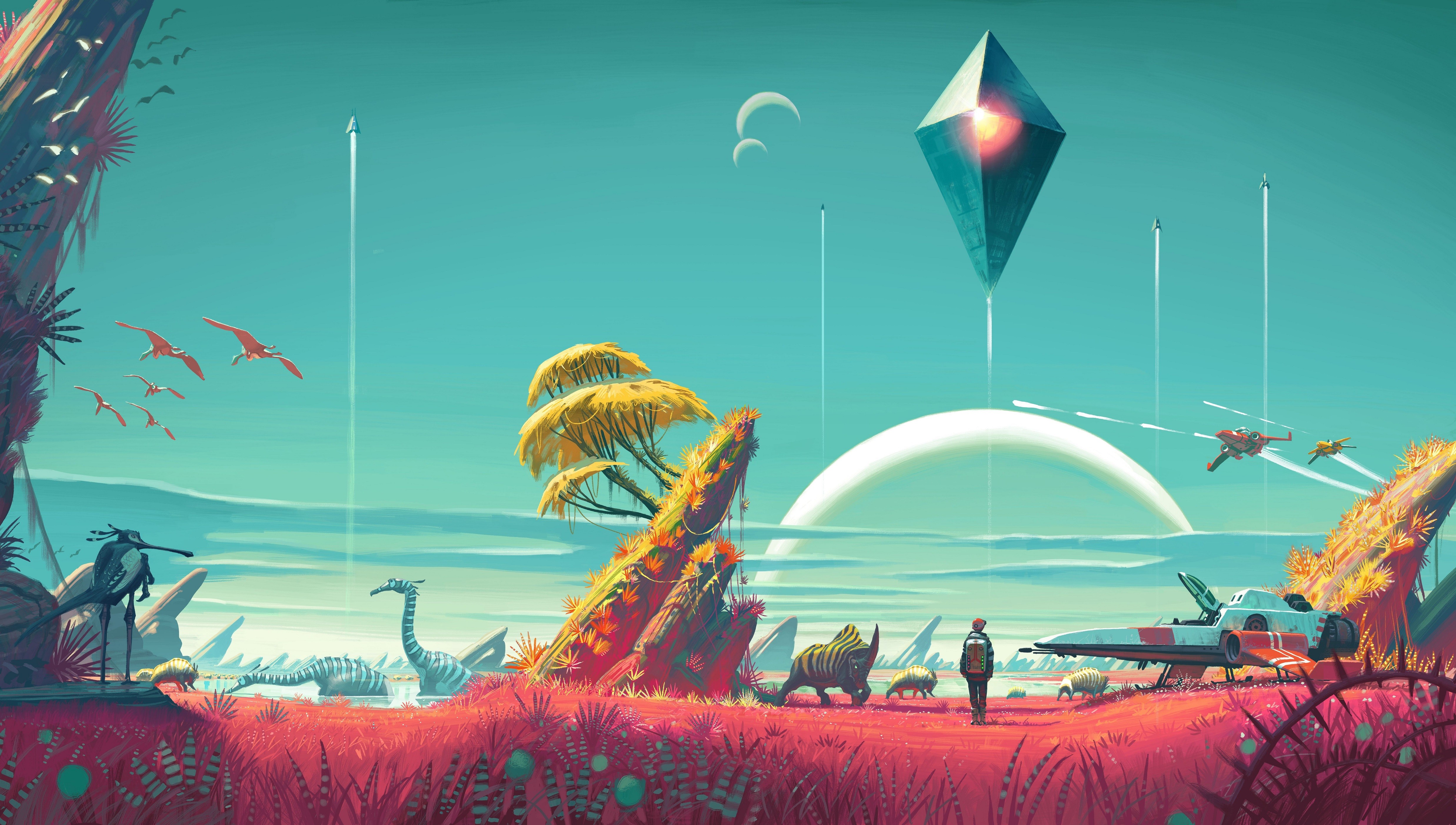 No Man's Sky alien planet with spacecraft and creatures HD Wallpaper