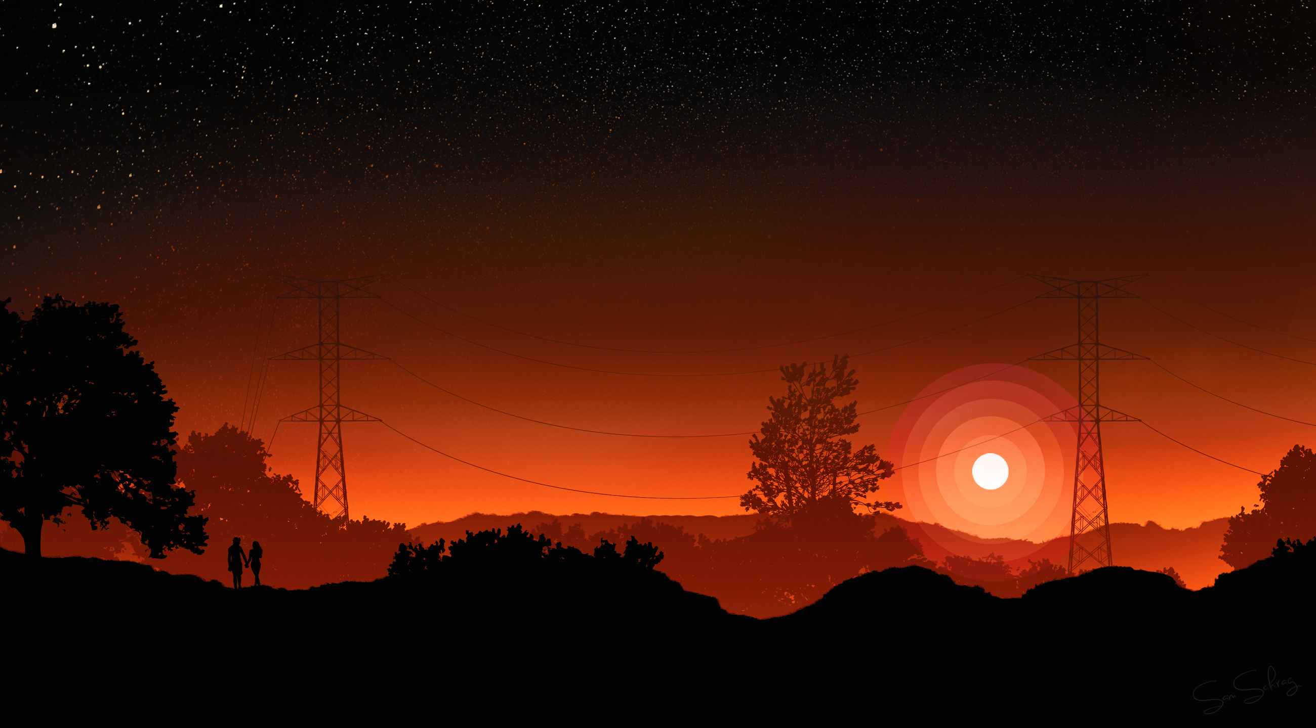Silhouette of a couple at sunset with power lines HD Wallpaper
