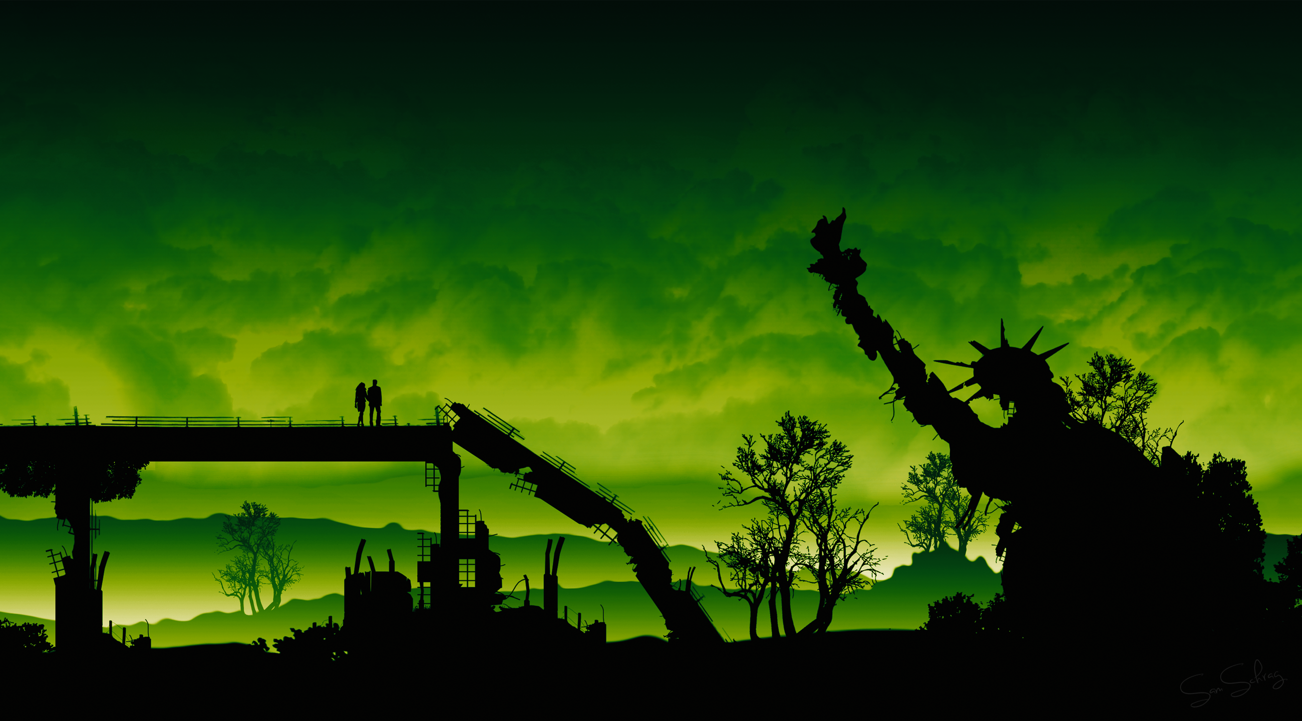 Post-apocalyptic Statue of Liberty and bridge silhouette HD Wallpaper