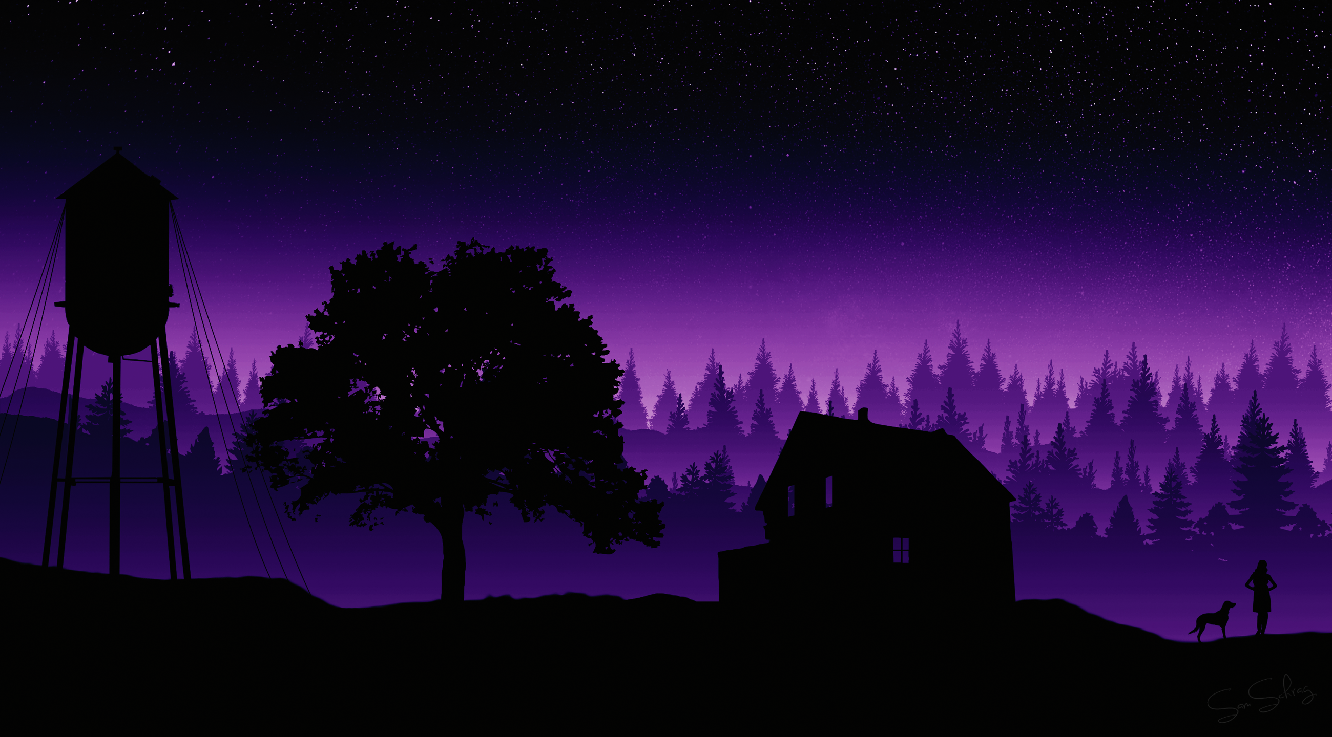 Silhouette of a water tower, house, and figures under a starry sky HD Wallpaper
