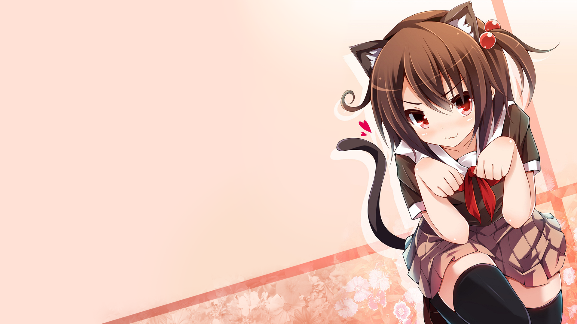 Anime cat girl in school uniform with red bow HD Wallpaper