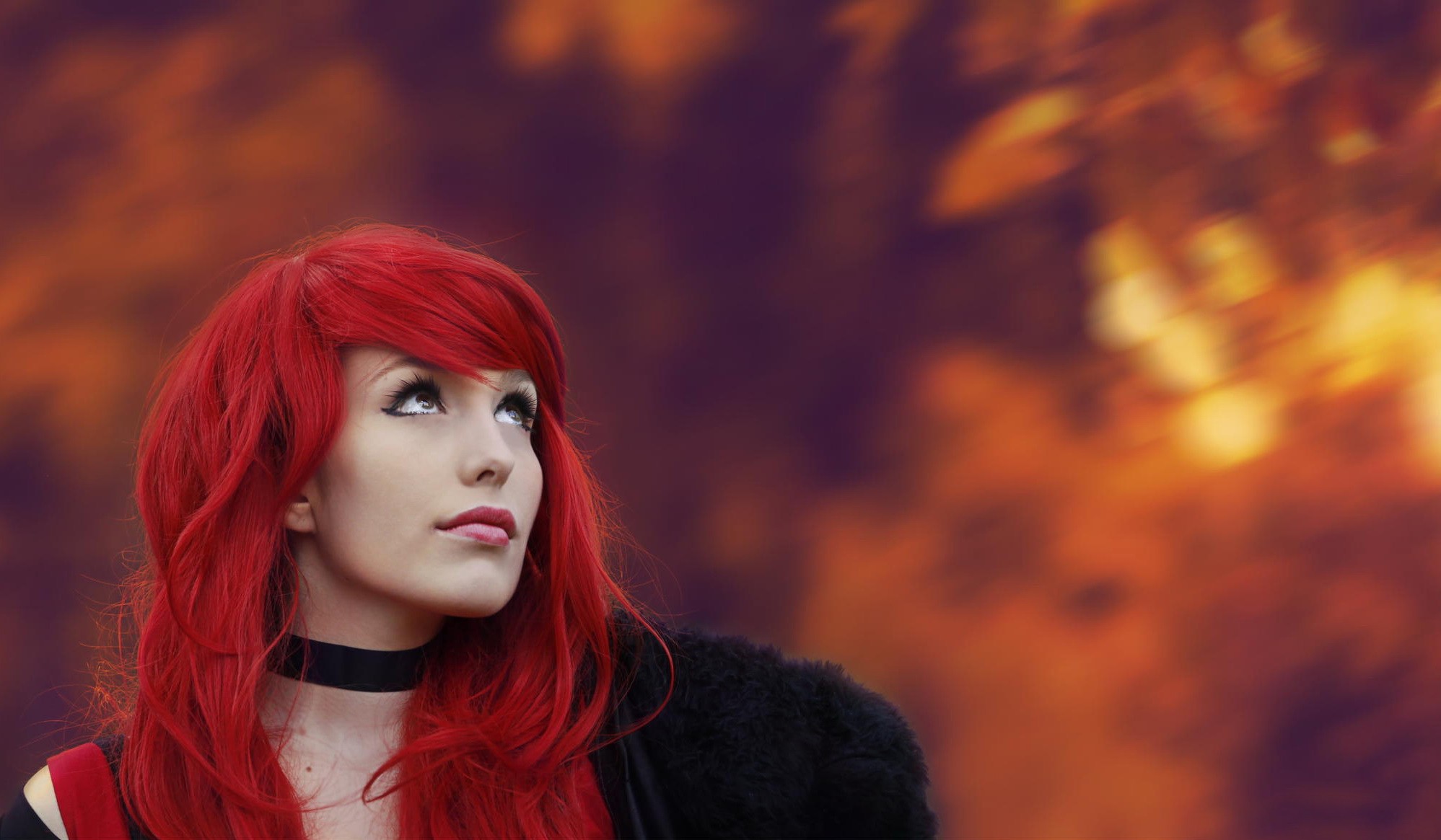 Redhead woman with bright red hair looking up HD Wallpaper