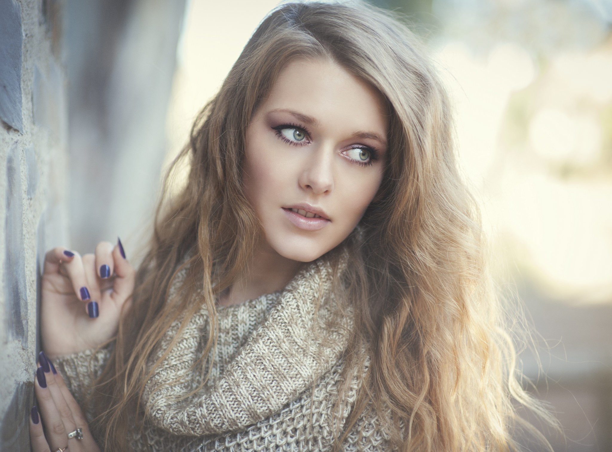Portrait of a young woman in a sweater HD Wallpaper
