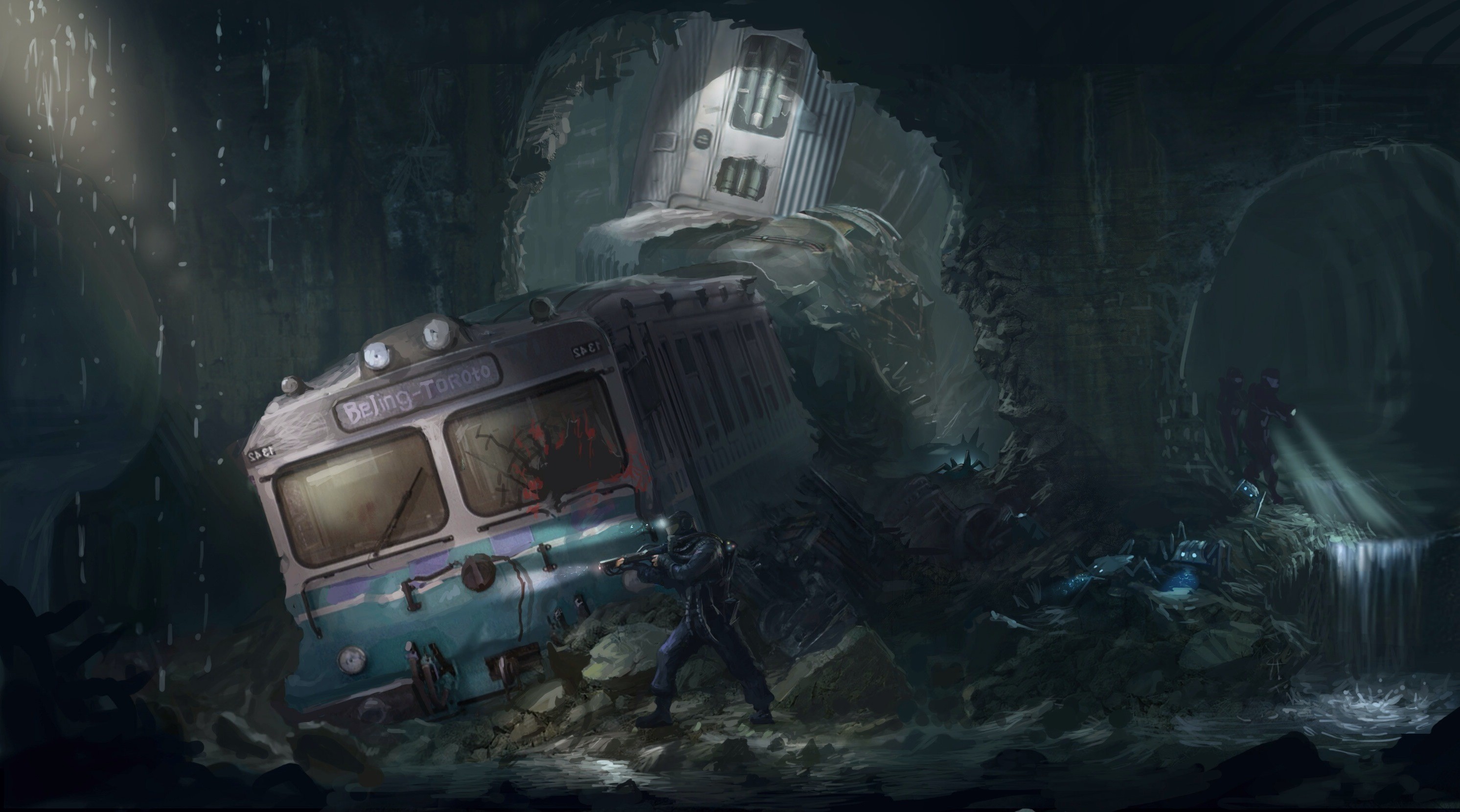 Apocalyptic subway tunnel with crashed train and creatures HD Wallpaper