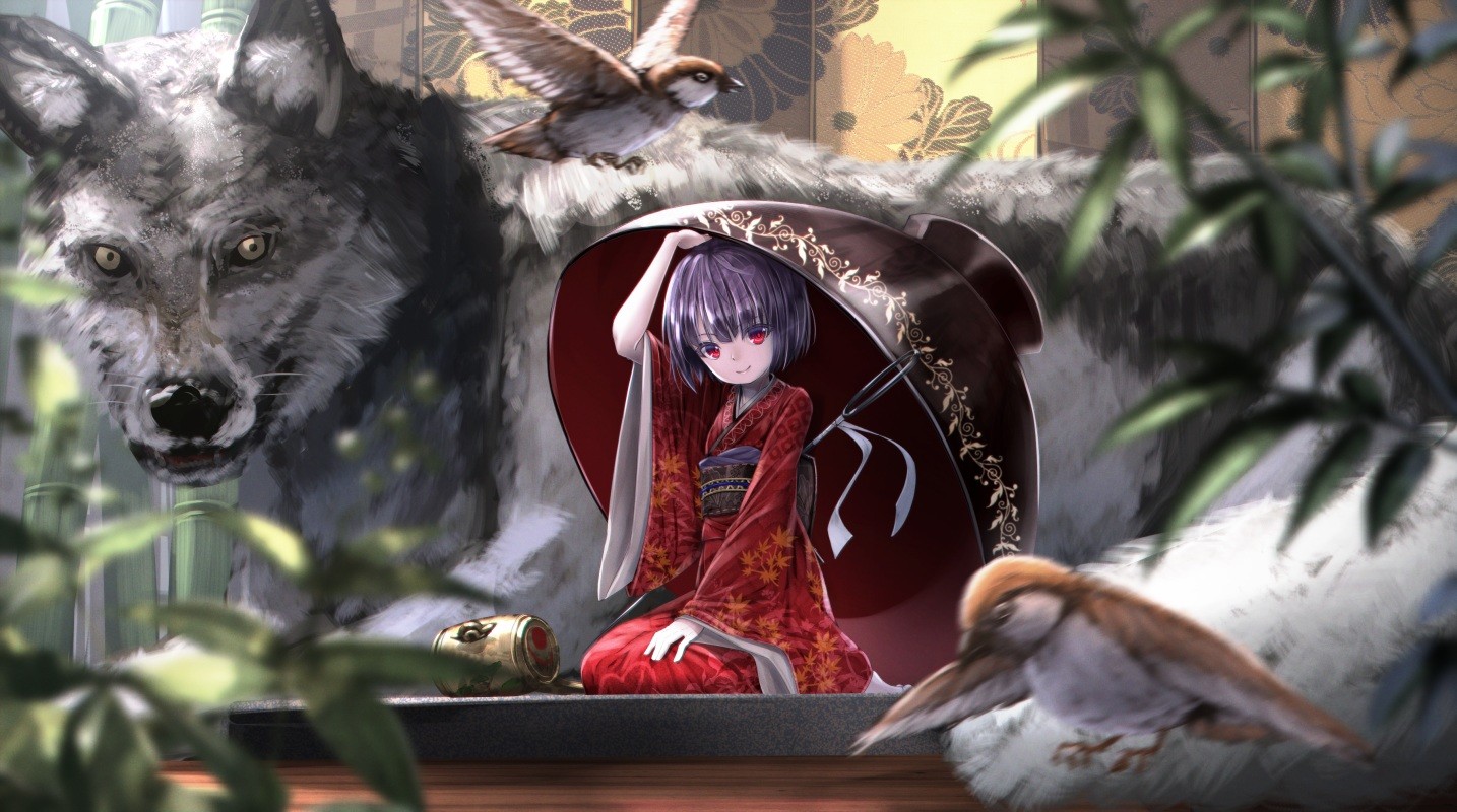 Anime girl in kimono with wolf and birds HD Wallpaper