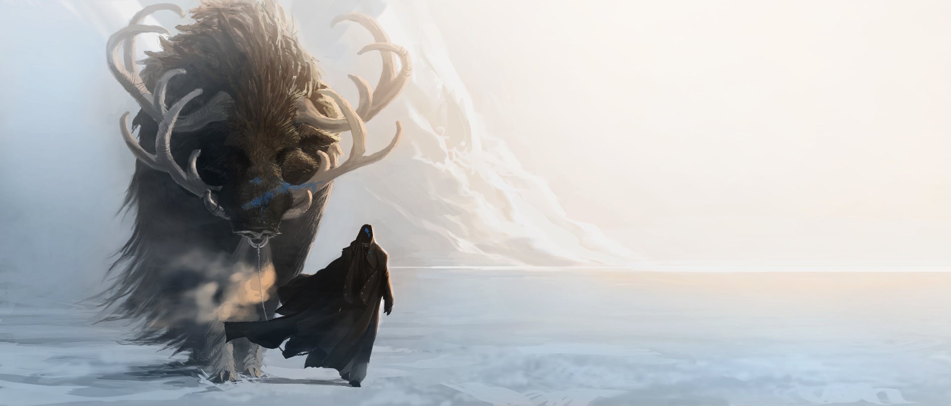 Fantasy creature and robed figure in a snowy landscape HD Wallpaper