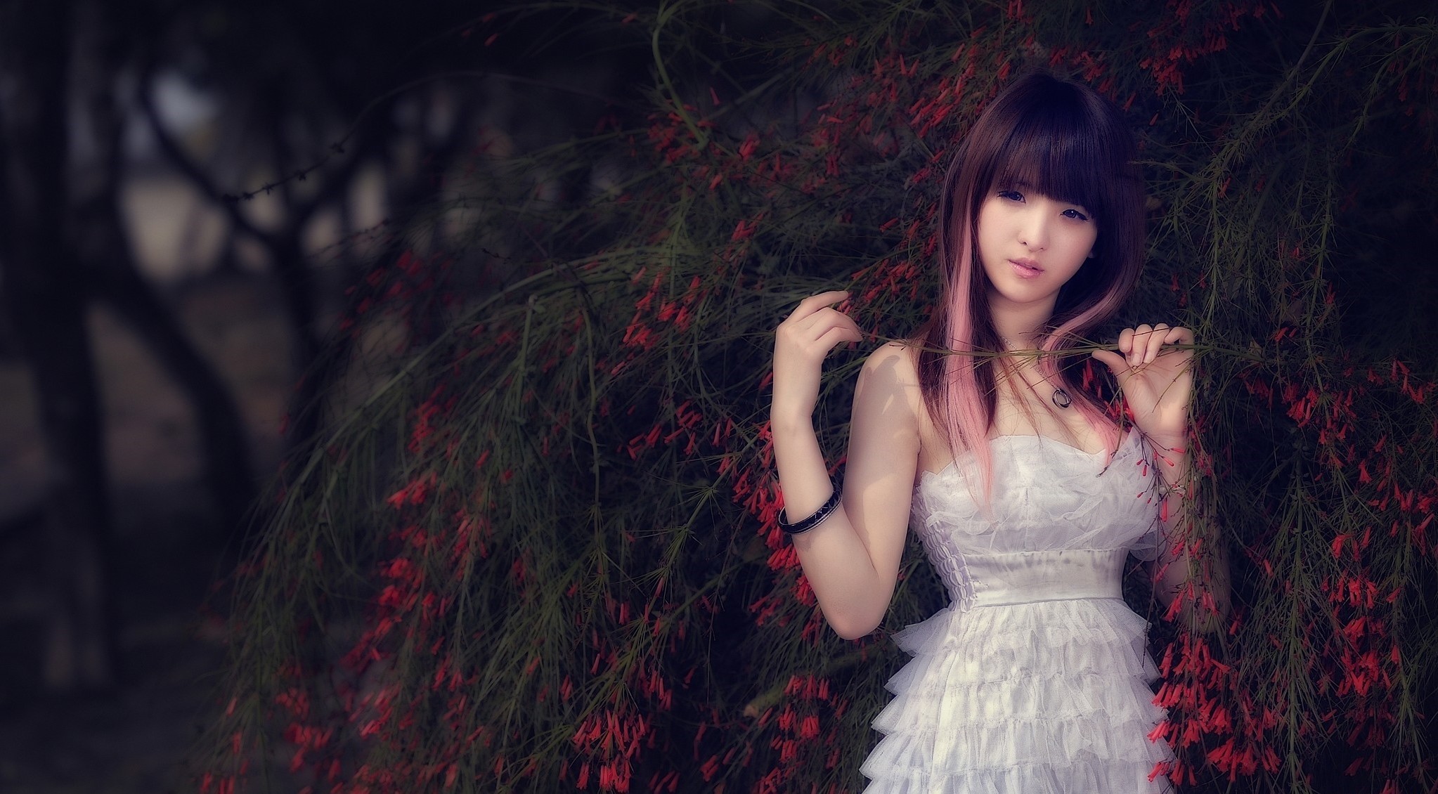 Asian model in a white dress among red flowers HD Wallpaper