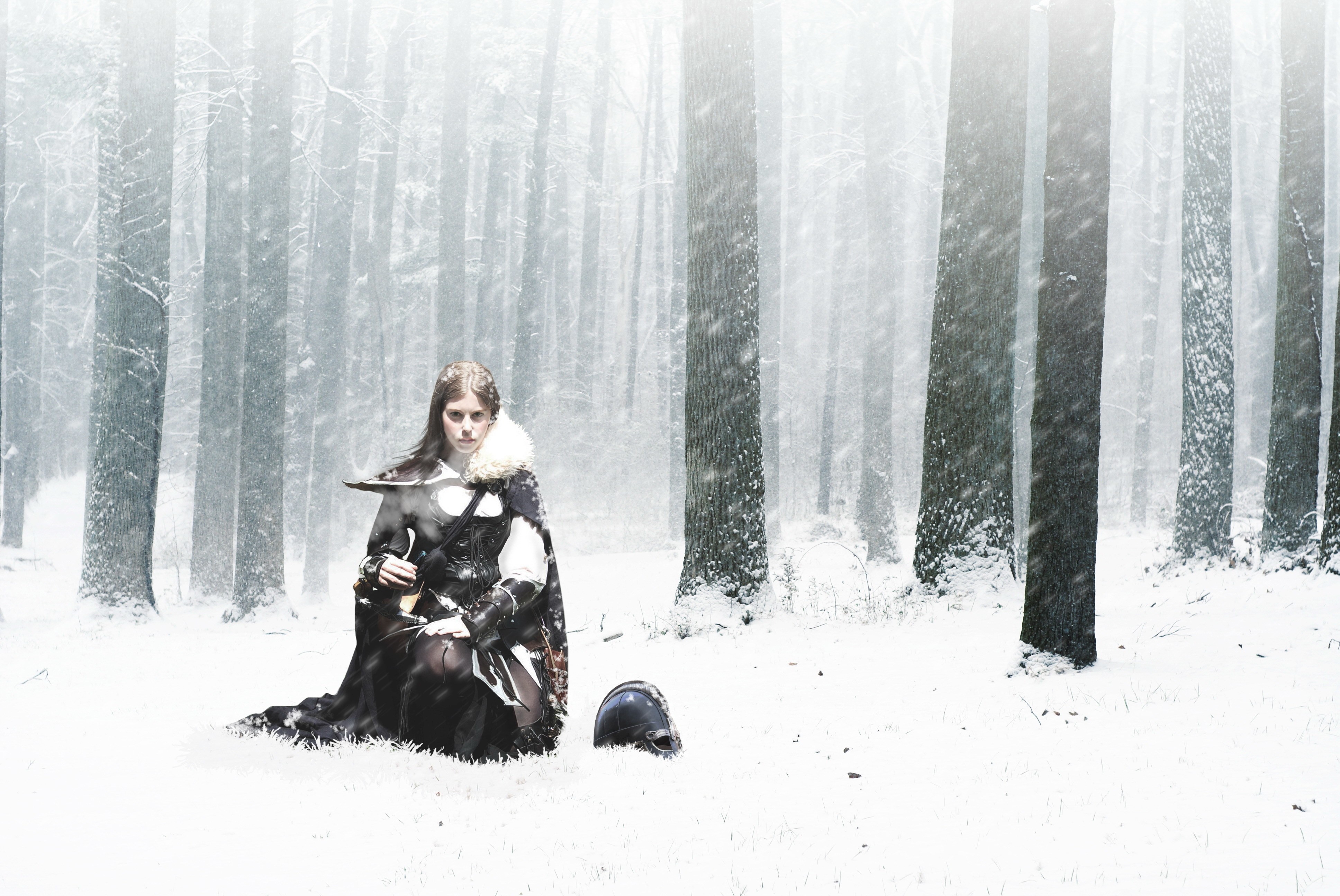 Warrior woman in a snowy forest HD Wallpaper