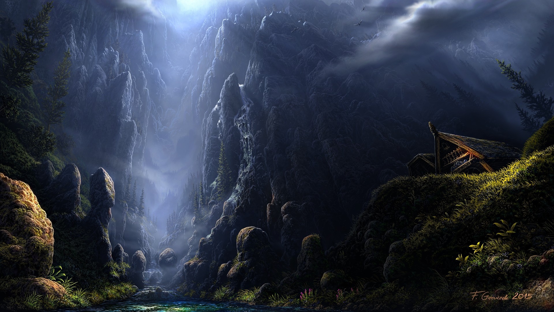 Misty mountains with a small cabin by a lake HD Wallpaper