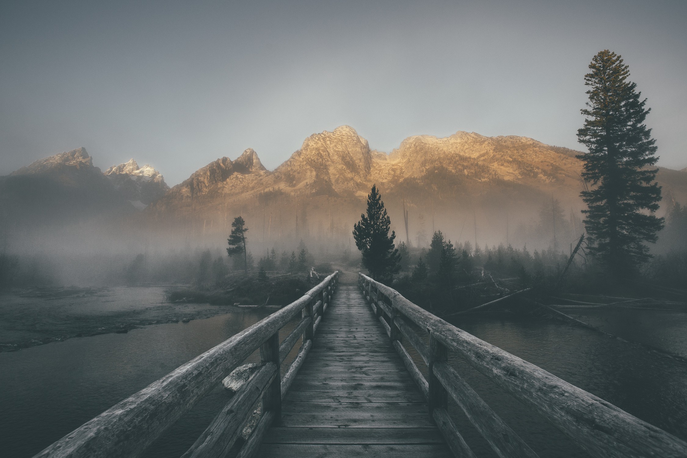 Wooden bridge leading to misty mountains and forest HD Wallpaper