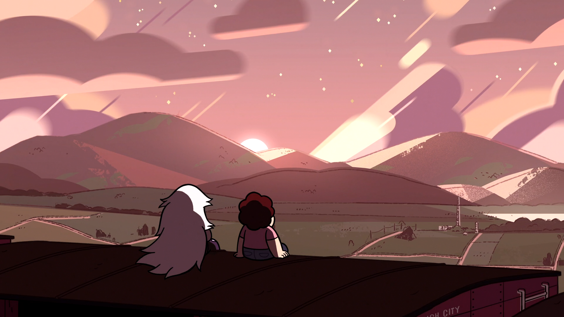 Steven Universe characters watch the sunset over mountains HD Wallpaper