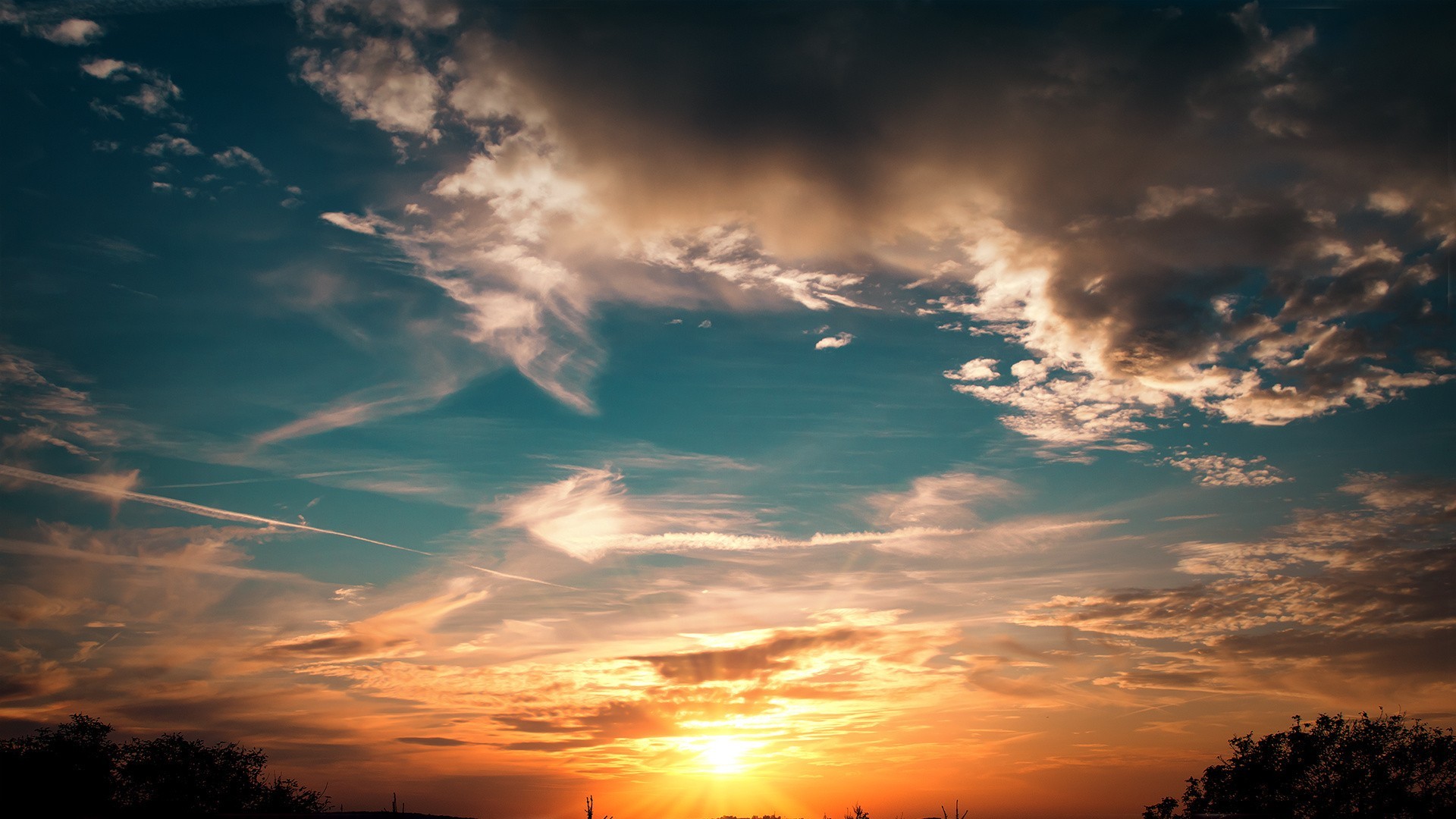 Sunset sky with clouds and trees HD Wallpaper