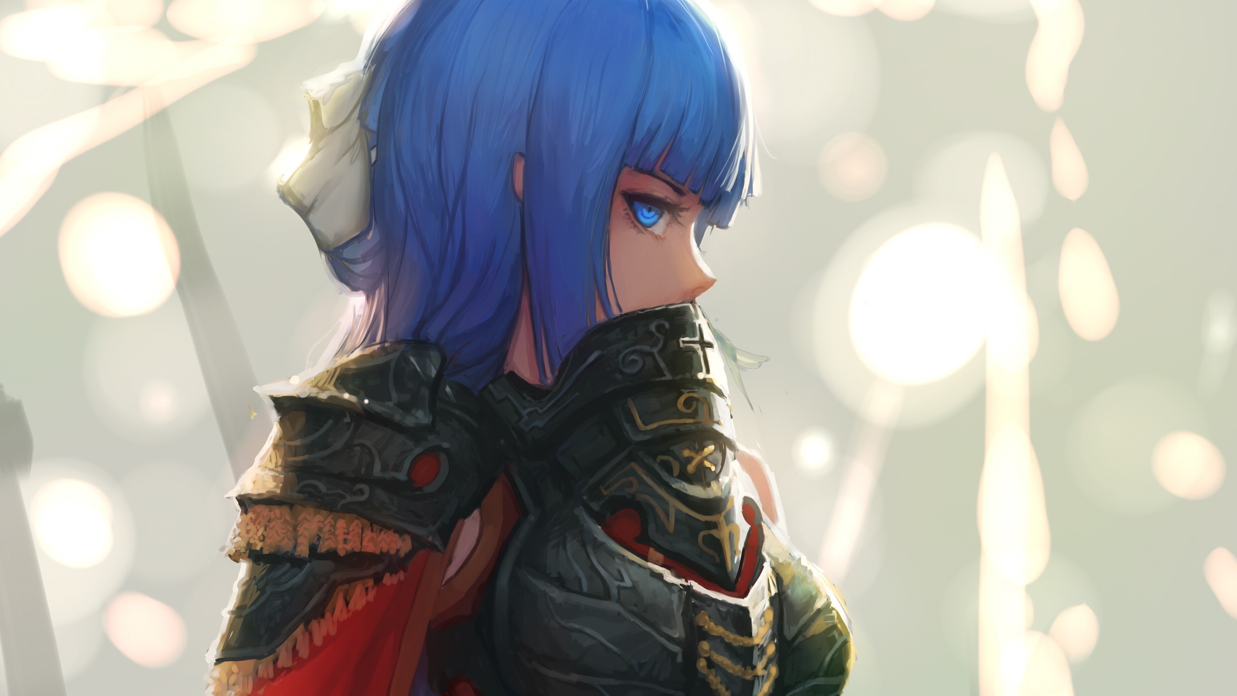 Anime girl with blue hair and armor HD Wallpaper