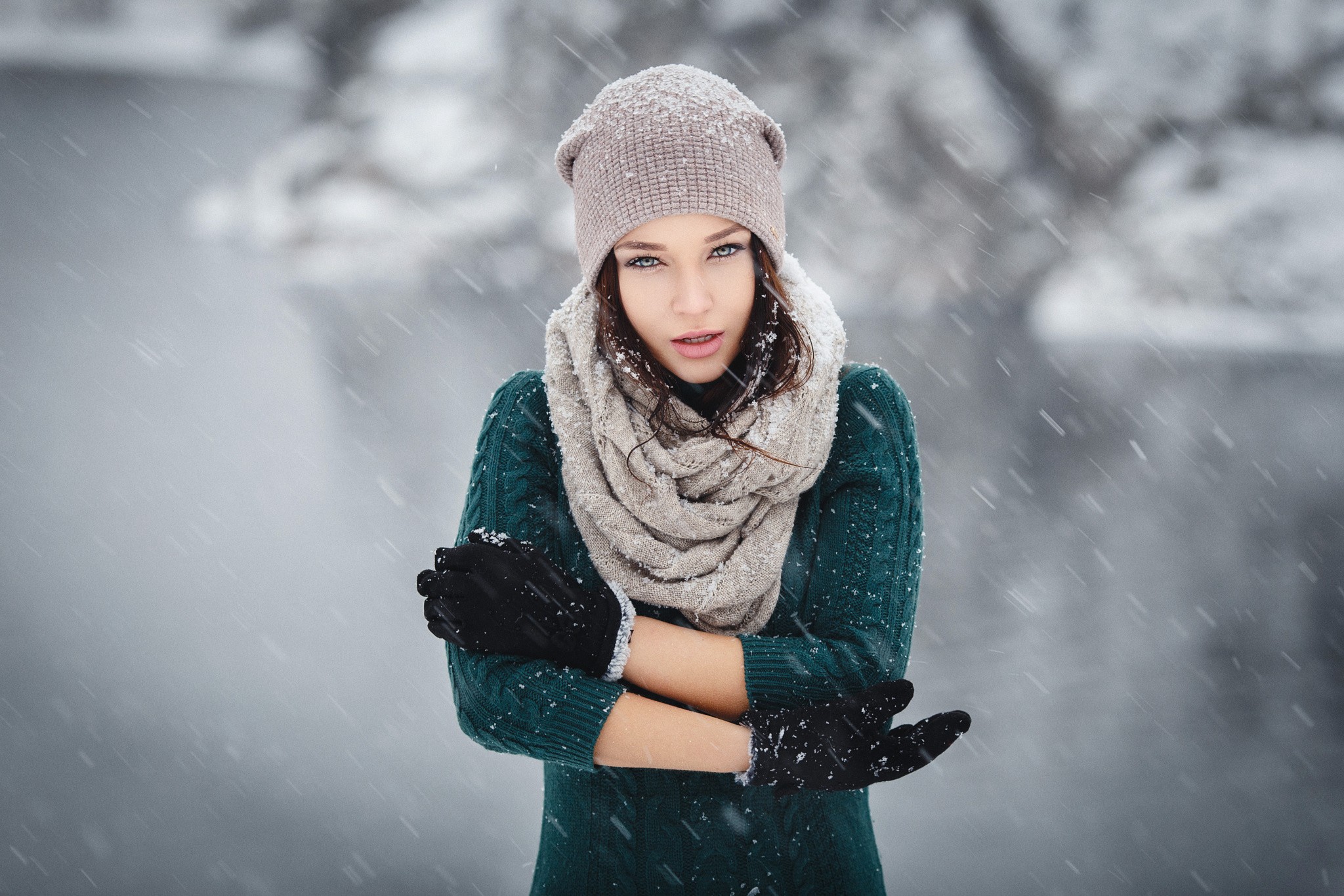 brunette, knit hat, winter, scarf, model, beanie, Angelina Petrova, depth of field, women, portrait, black gloves, Denis Petrov, women outdoors, snow, sweater HD Wallpaper