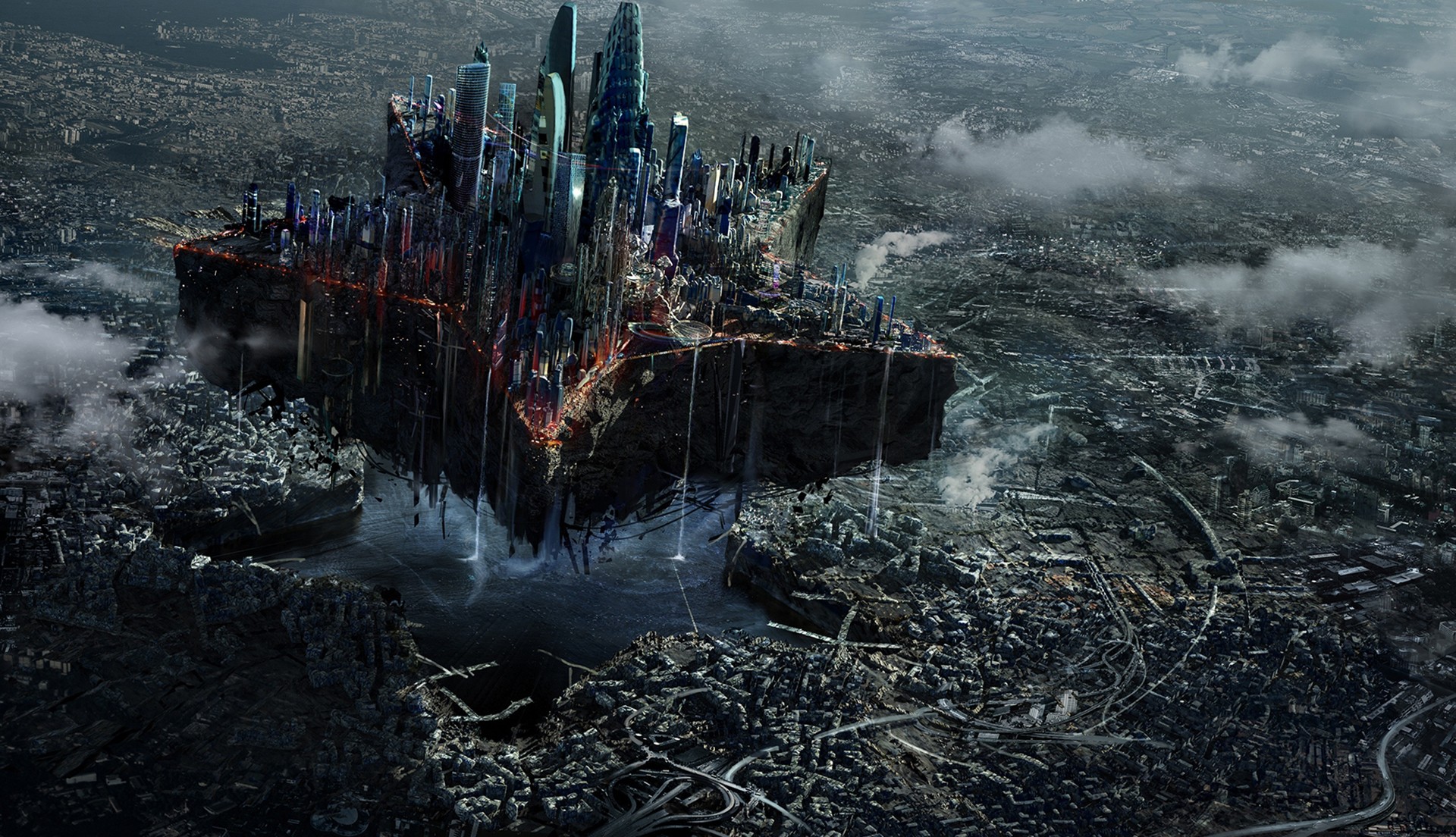 Floating futuristic city above a ruined landscape HD Wallpaper