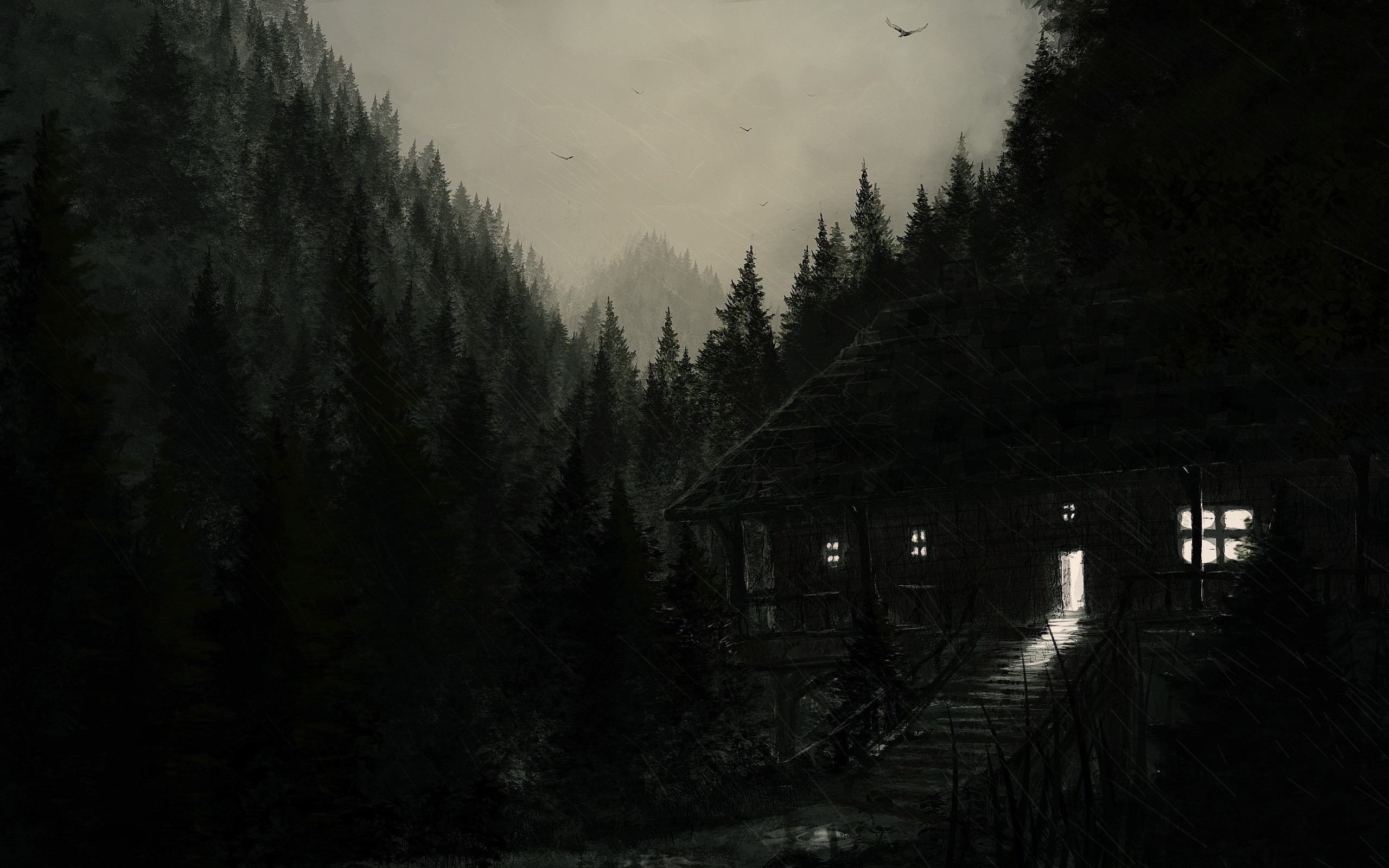A dark, foreboding house in a dense forest HD Wallpaper
