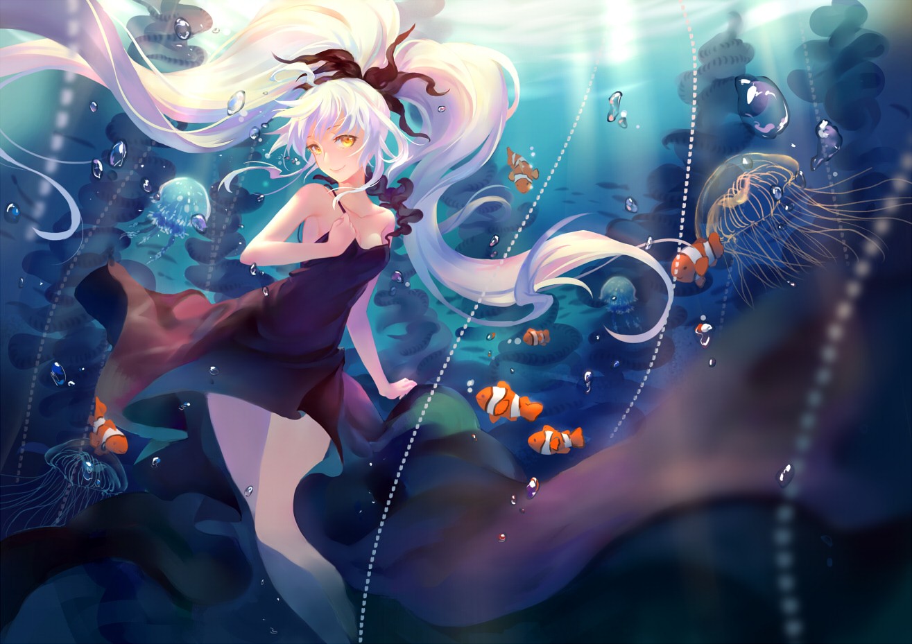 Anime girl with white hair underwater with fish and jellyfish HD Wallpaper