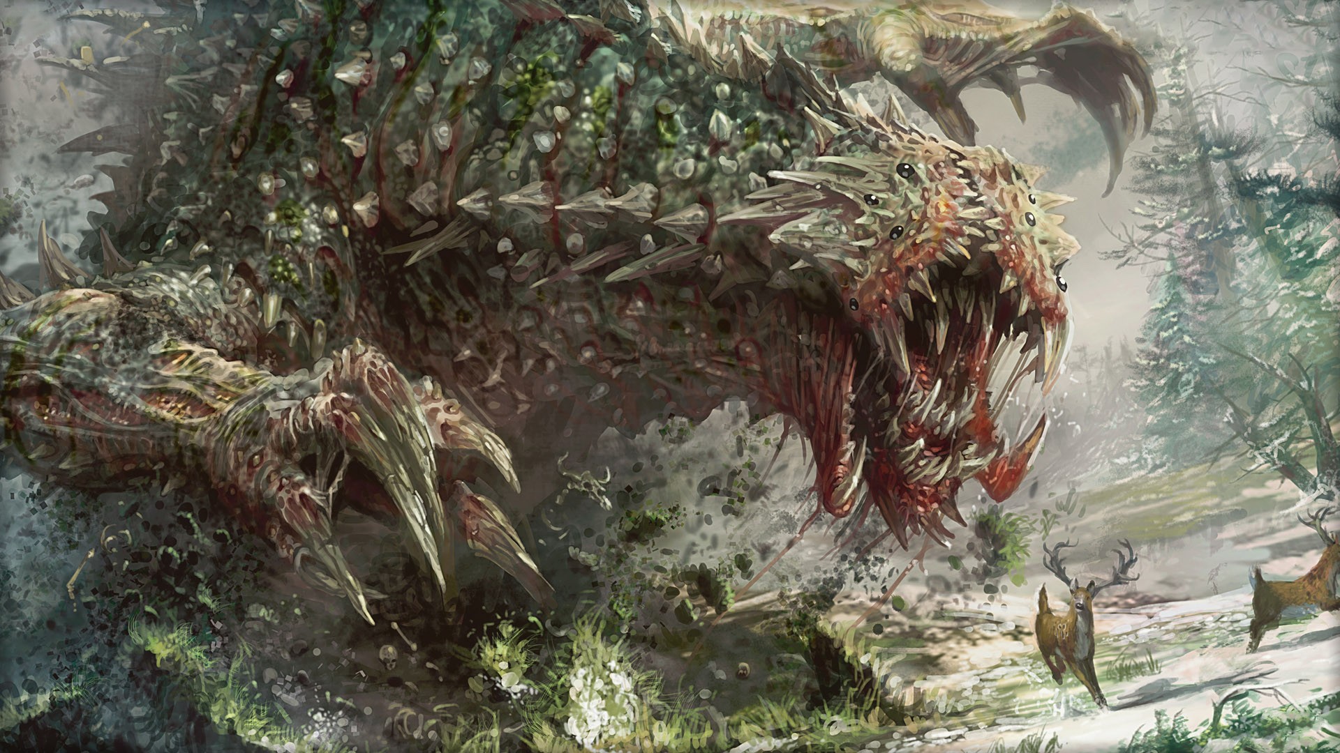 A monstrous creature in a snowy forest HD Wallpaper