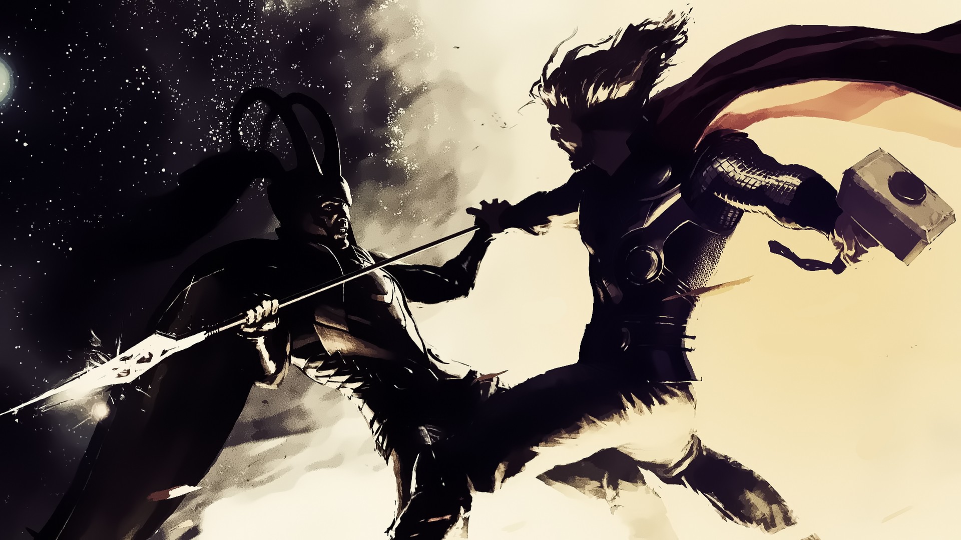 Thor and Loki fighting in space HD Wallpaper