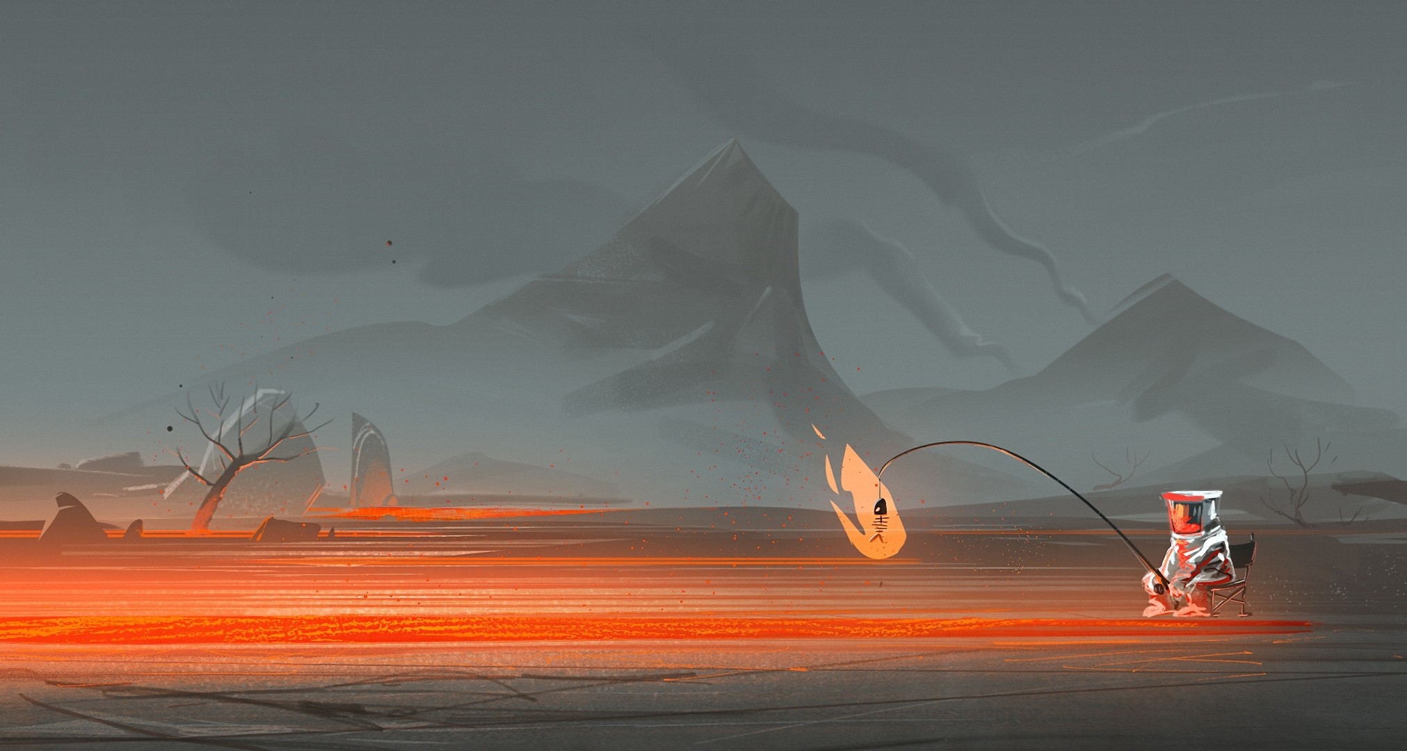 Astronaut fishing in a lava river HD Wallpaper
