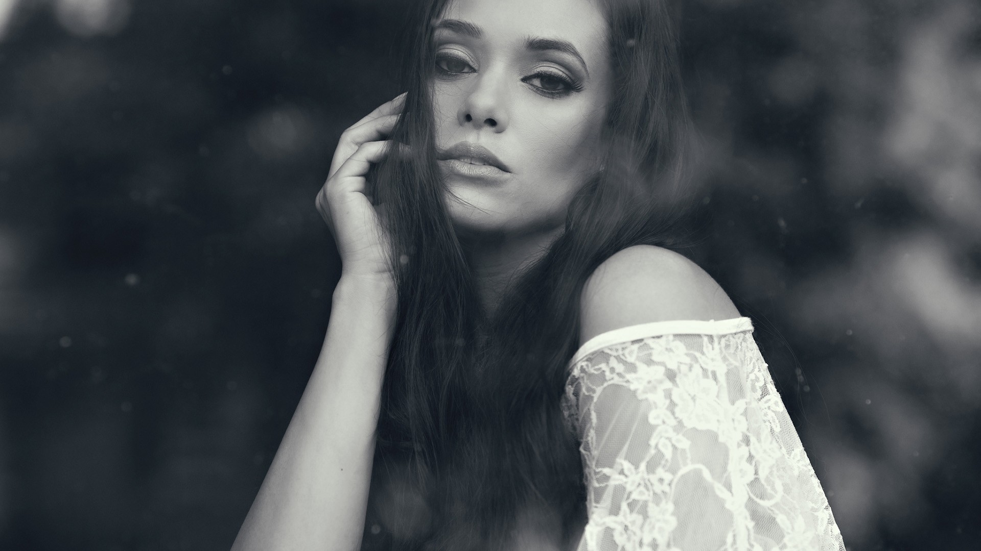 Woman with dark hair and lace top HD Wallpaper