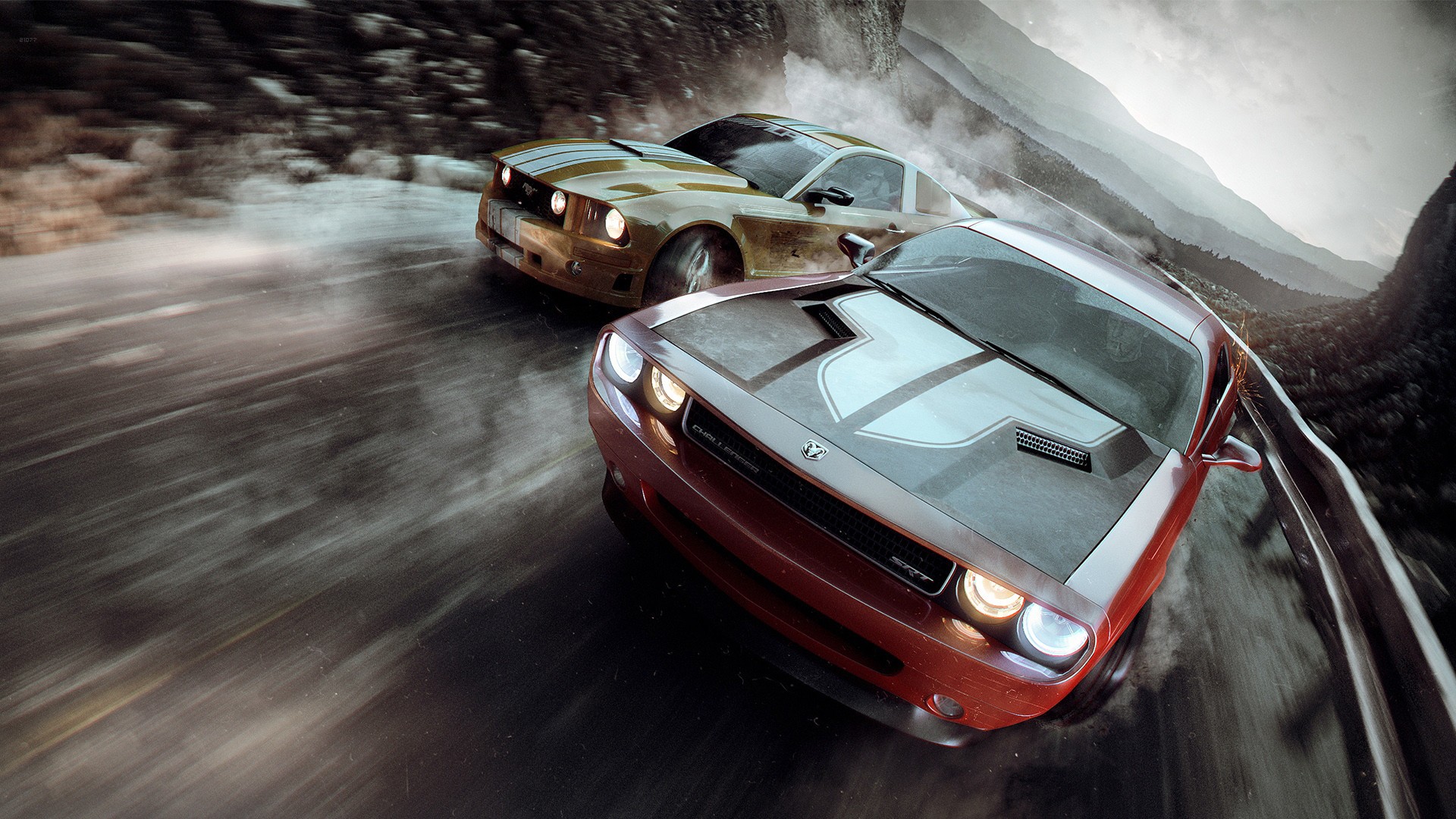 Dodge Challenger and Ford Mustang racing on a mountain road HD Wallpaper