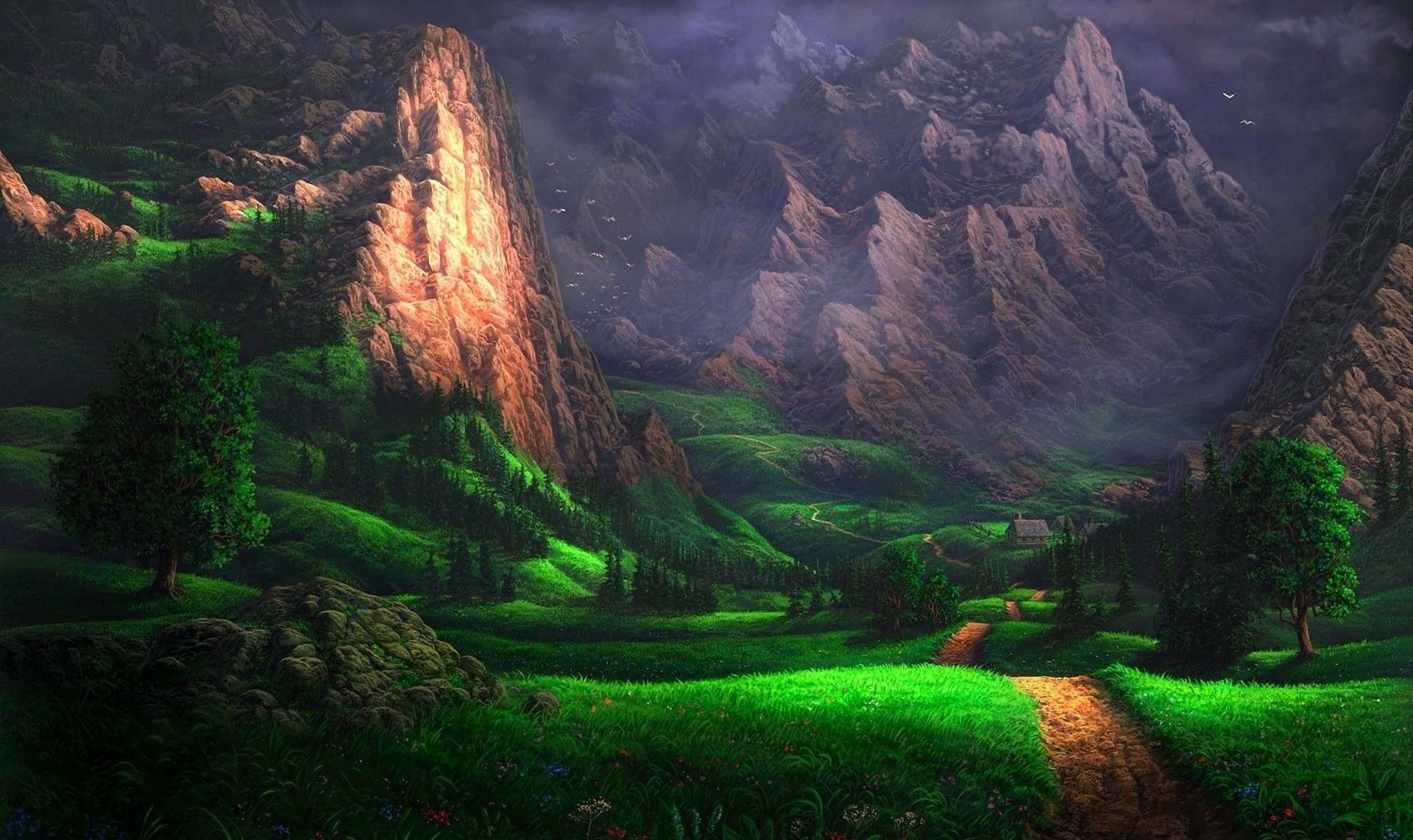 Fantasy landscape with mountains and a path HD Wallpaper