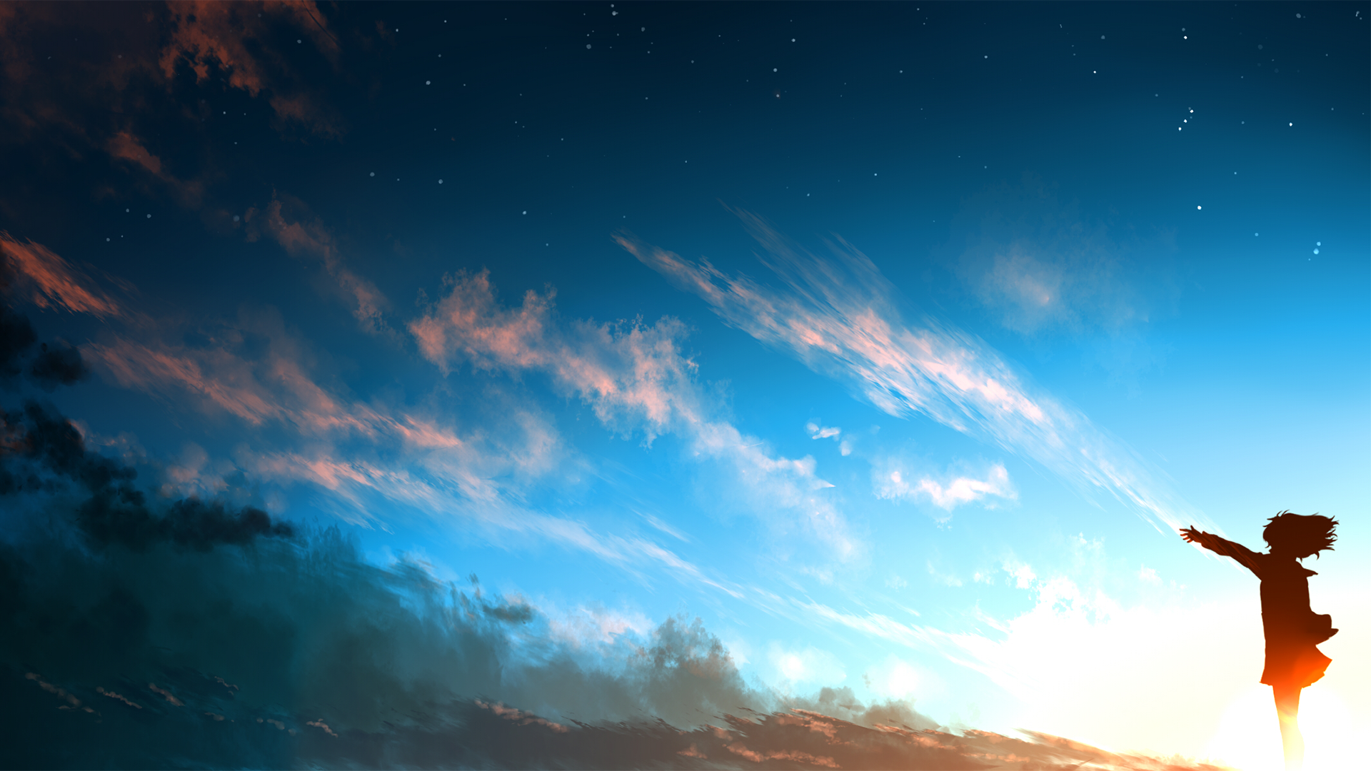 Anime girl reaching towards the sunset sky with clouds HD Wallpaper