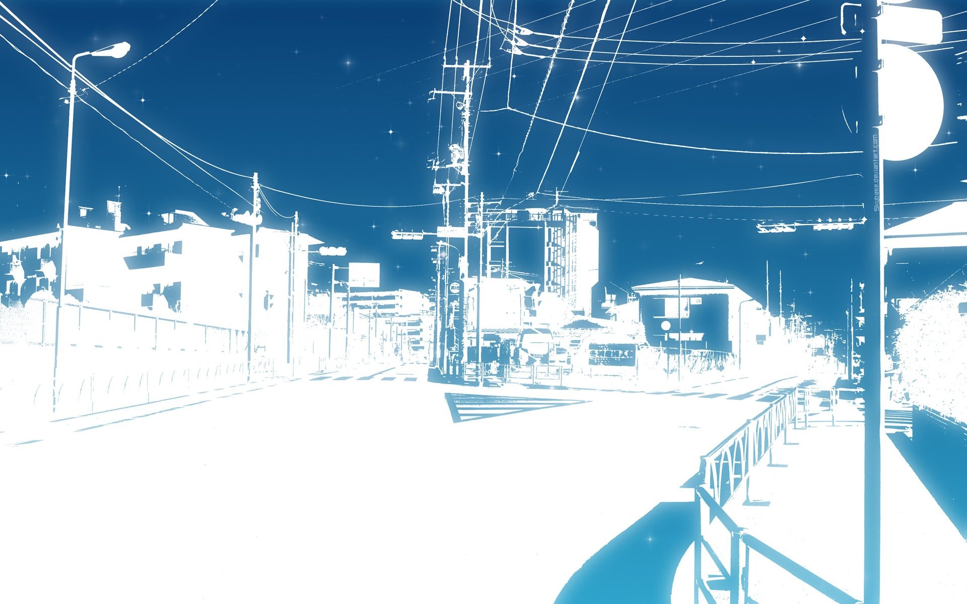 Street scene with buildings and power lines HD Wallpaper