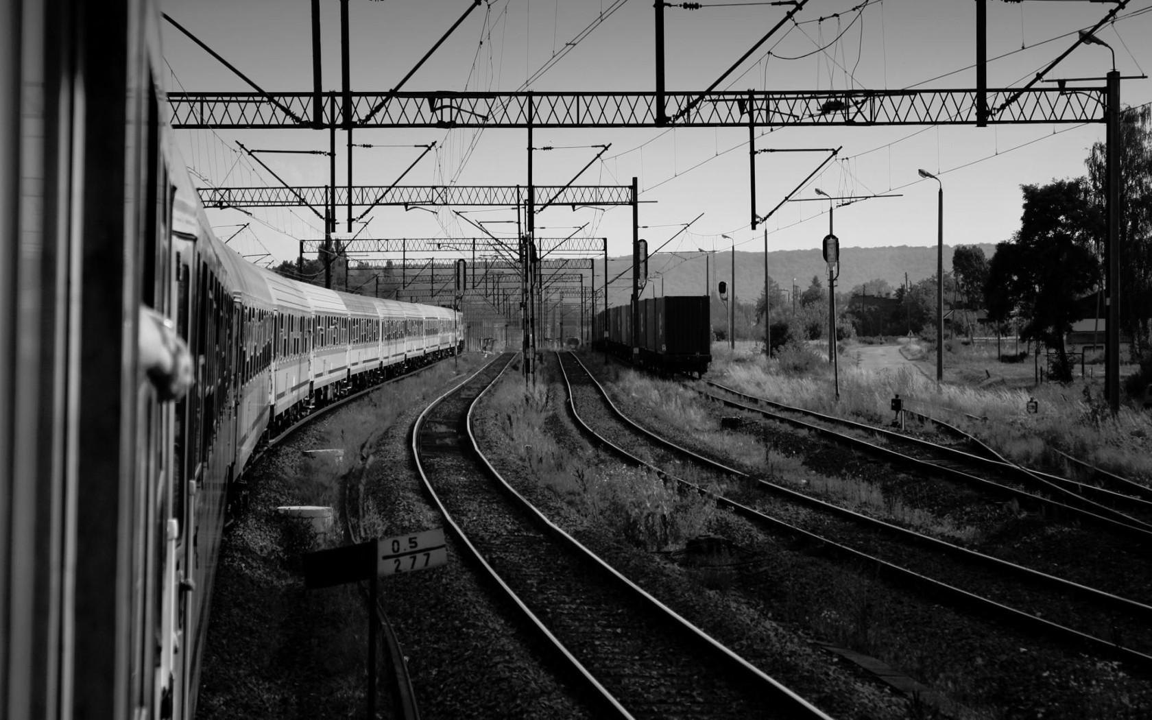 Monochrome photography of a train on railway tracks HD Wallpaper