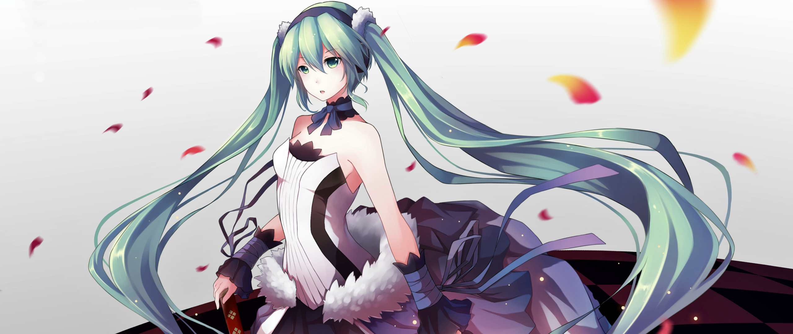 Hatsune Miku in a black and white dress with twintails HD Wallpaper