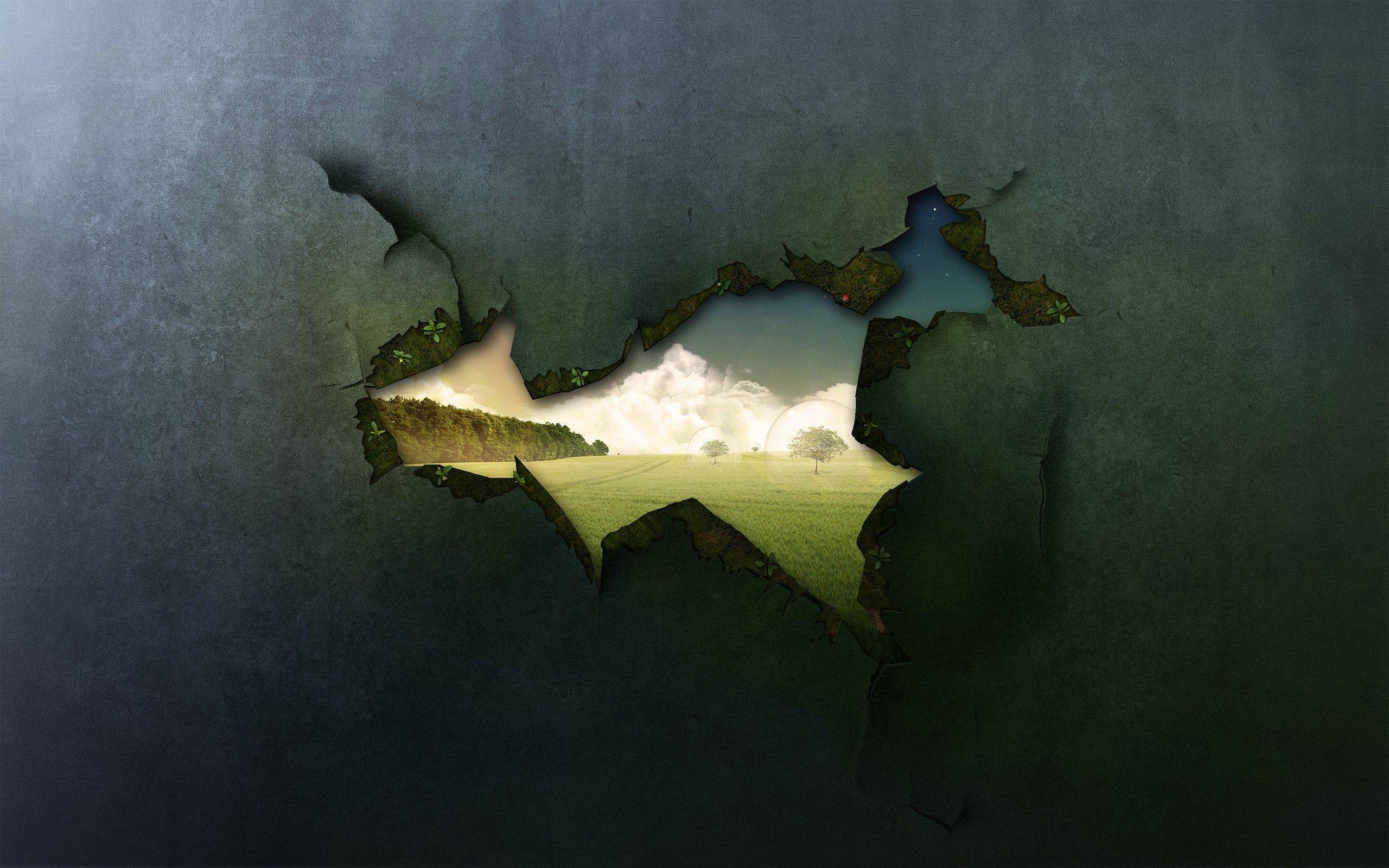 Torn wall revealing a green landscape with trees HD Wallpaper